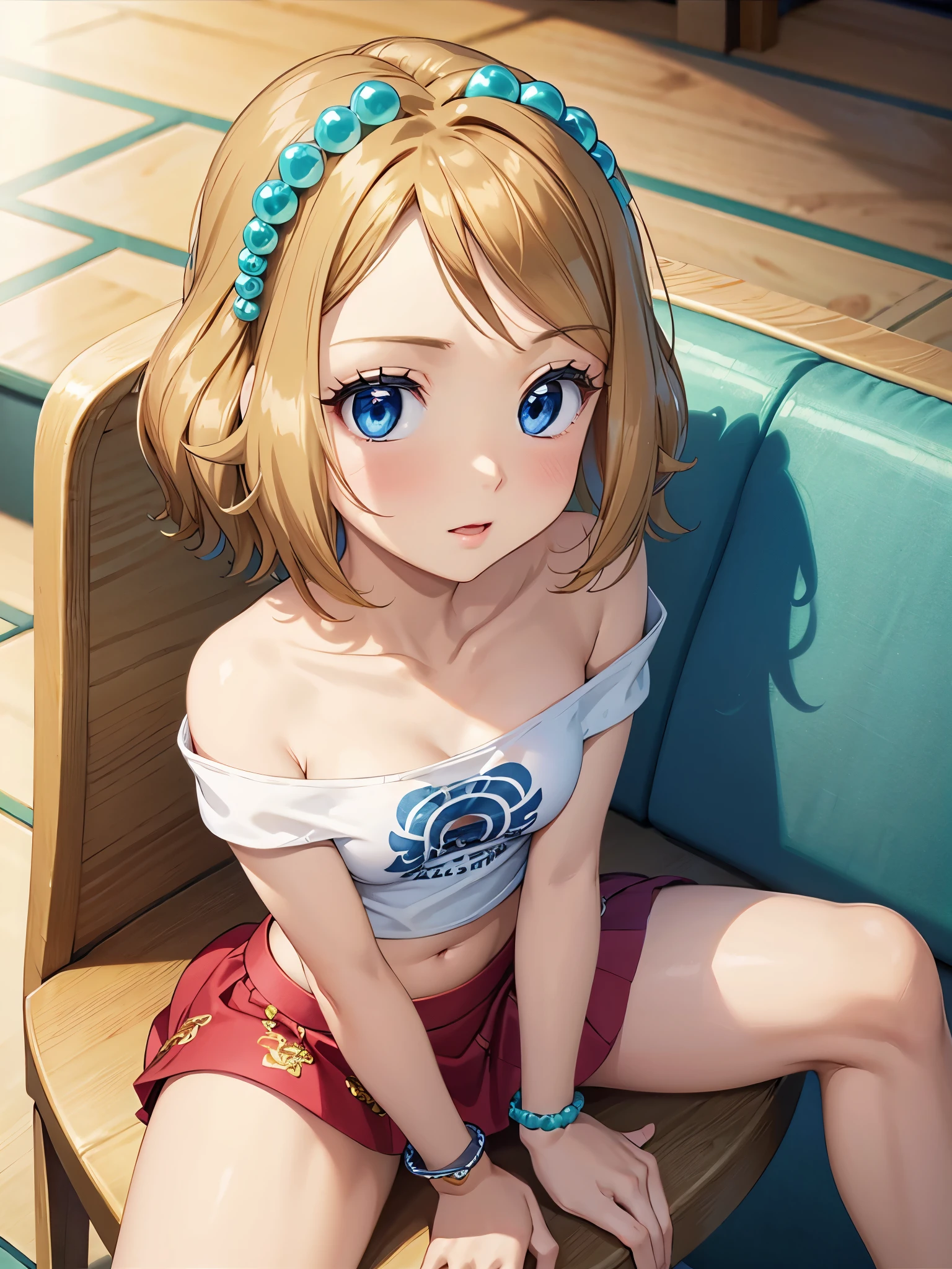 1woman, beautiful woman, photo of slim girl model, cute young woman, happy, small, (Young), good-looking, very short t-shirt, printed t-shirt, miniskirt, light brown hair, short hair, wavy hair, bare arms, medium breasts, blue eyes, perfect anatomy, perfect hands, detailed eyes, navel, midriff, beautiful and detailed lips, woven bracelets, indoors, coach, sitting on coach, close up, on back, long eyelashes, beautiful face, detailed eyelashes, detailed lips, lip gloss, anime style, naughty face, knee up, bare shoulders, 