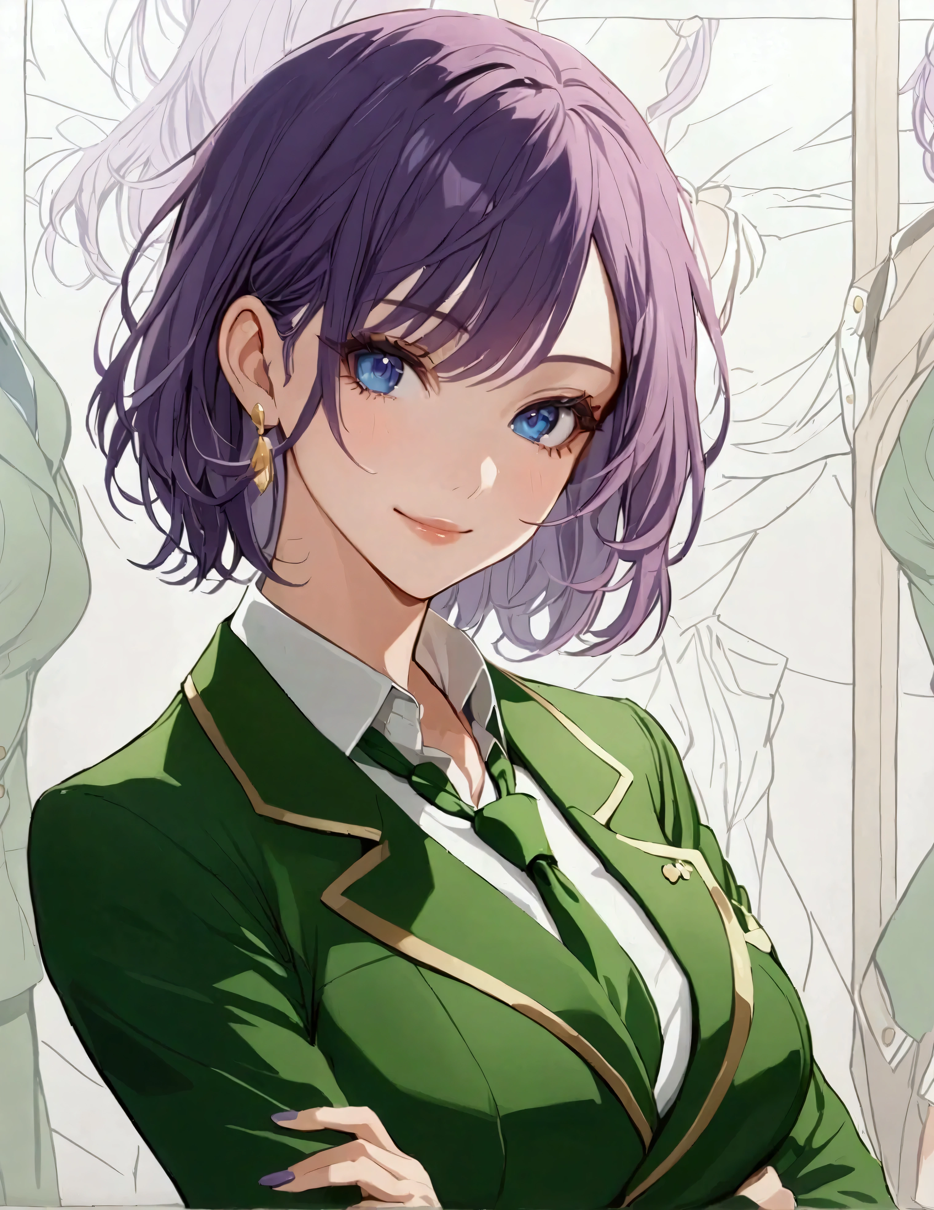 (masterpiece), (best quality), (highres), 1girl, solo, highly detailed, green suit and tie, pencil skirt, miniskirt, bare legs, matching shoes, looking at viewer, perfect hands, perfect eyes, perfect legs, perfect arms, perfect fingers, medium breasts, purple hair, short hair, bob hair, blue eyes, standing, smile, full body with costume. Simple background, multiple views of the same character,model sheet,chatacter sheet