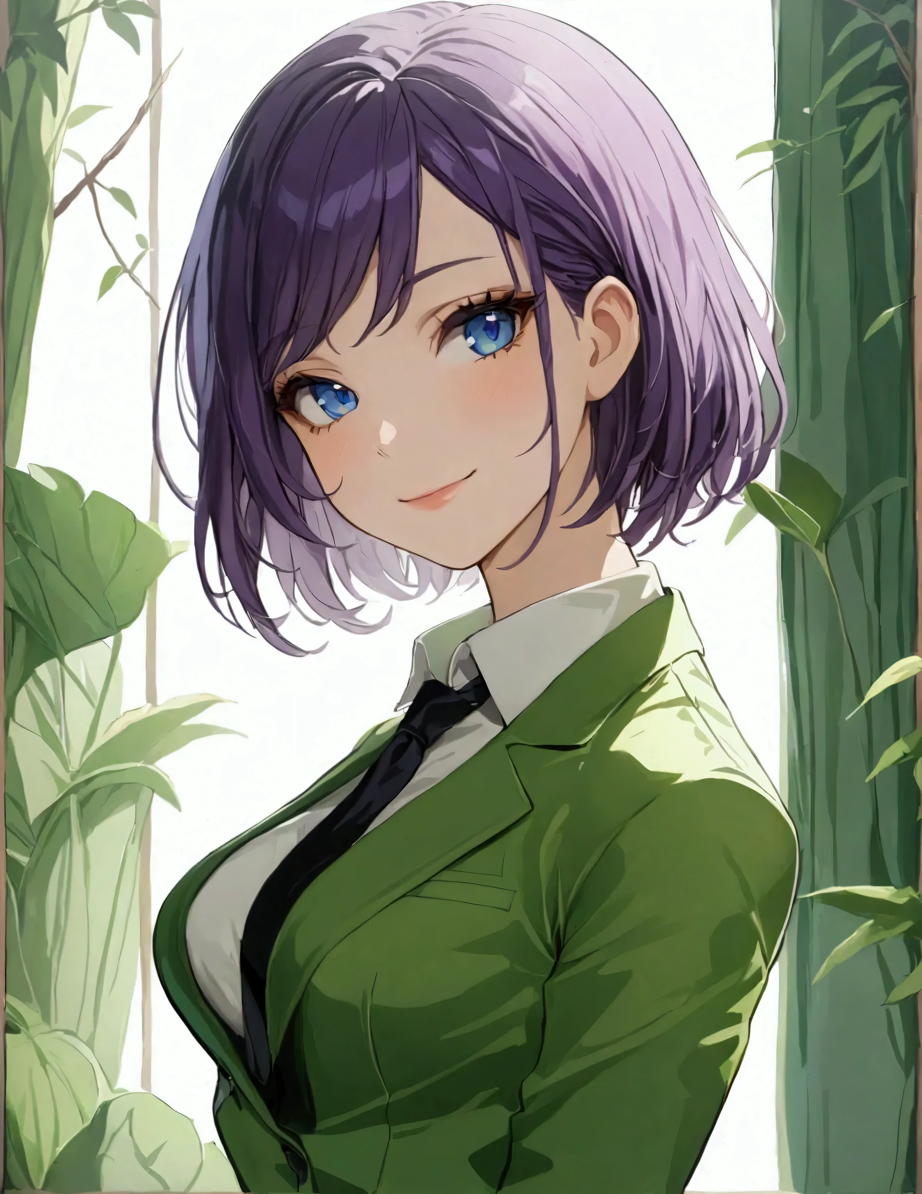 (masterpiece), (best quality), (highres), 1girl, solo, highly detailed, green suit and tie, pencil skirt, miniskirt, bare legs, matching shoes, looking at viewer, perfect hands, perfect eyes, perfect legs, perfect arms, perfect fingers, medium breasts, purple hair, short hair, bob hair, blue eyes, standing, smile, full body with costume. Simple background, multiple views of the same character,model sheet,chatacter sheet