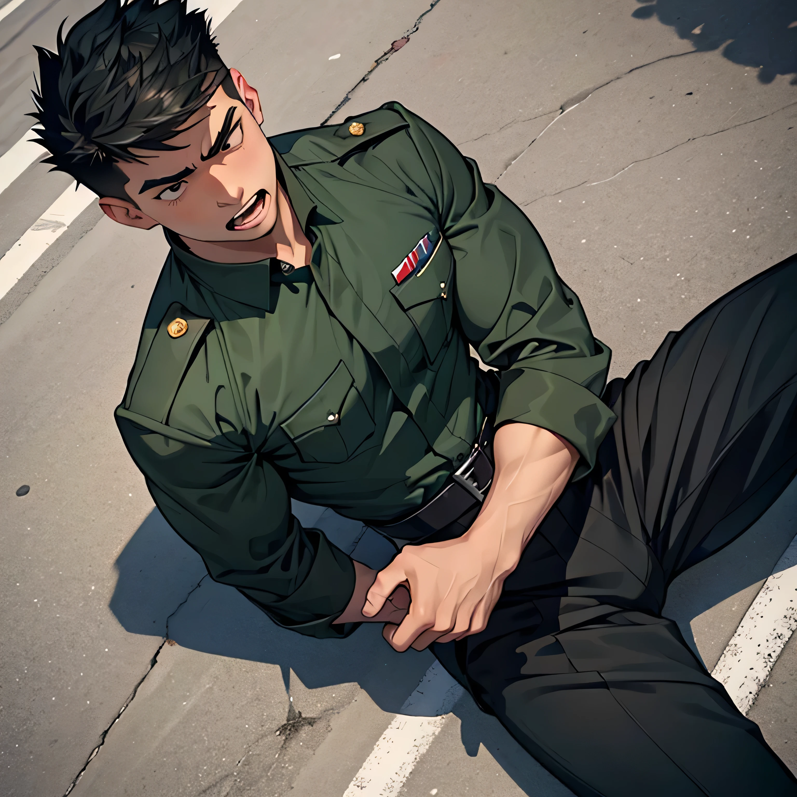 Age 25,, Dark green military uniform、 black slim pants  , black belt、 lying on the ground 、Spread your legs wider,black belt,logic, Gay , black hair, short hair on the side of the uniform, thick eyebrows,The eye is a blind spot、 Lightly Set Your Hair with Wax 、Masculine,salaryman,Mob characters,bad student、View from above　Open your mouth wide and scream　 painful face　 face up　