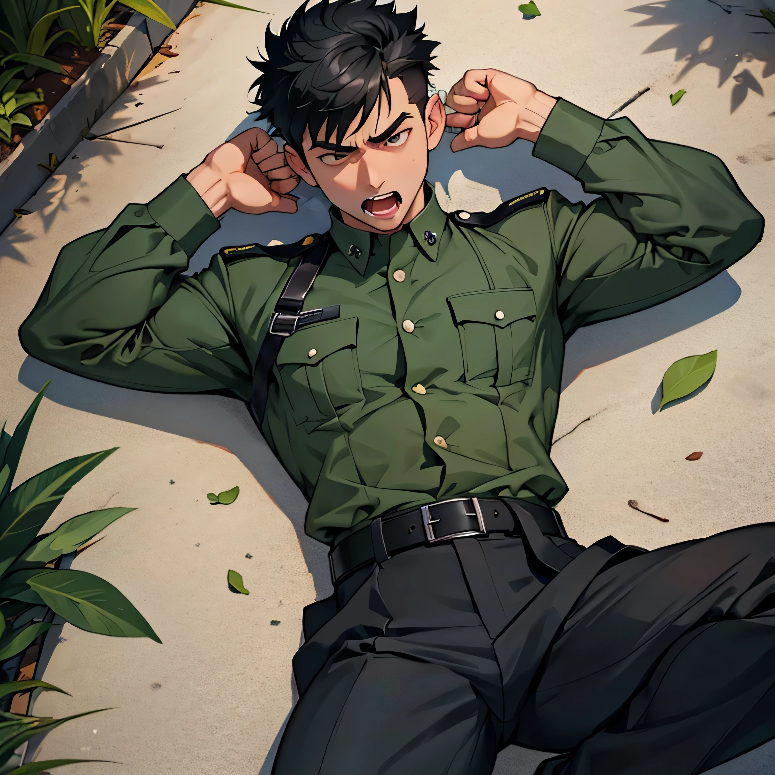 Age 25,, Dark green military uniform、 black slim pants  , black belt、 lying on the ground 、Spread your legs wider,black belt,logic, Gay , black hair, short hair on the side of the uniform, thick eyebrows,The eye is a blind spot、 Lightly Set Your Hair with Wax 、Masculine,salaryman,Mob characters,bad student、View from above　Open your mouth wide and scream　 painful face　 face up　