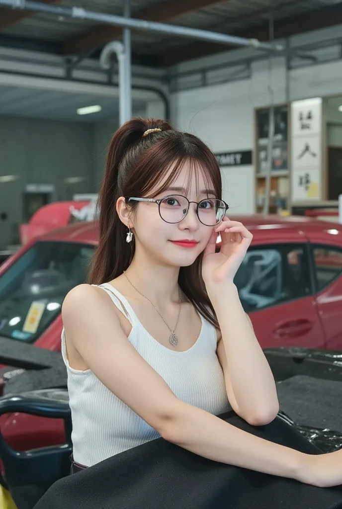 highest quality,masterpiece,Ultra-high resolution,(Reality:1.4),Original photo,Cinema Lighting, A 24-year-old Japanese female auto mechanic 、 impressive and unconventional portrait。 Wearing intellectual glasses、and she has big breasts in an old white adult-like tank top、 leaning back in the car while wearing the hood 、 in a garage setting 。 her beautiful dark hair is bundled up at the back in a messy ponytail 、Makeup is light。Her skin is covered in sweat、Grease stains adorn her face and arms 、 shows her devotion to the labor-intensive profession 。 The background is a 、 focuses on interacting between the car and the mechanic's car 。portrait photograph、photograph、movie、poster