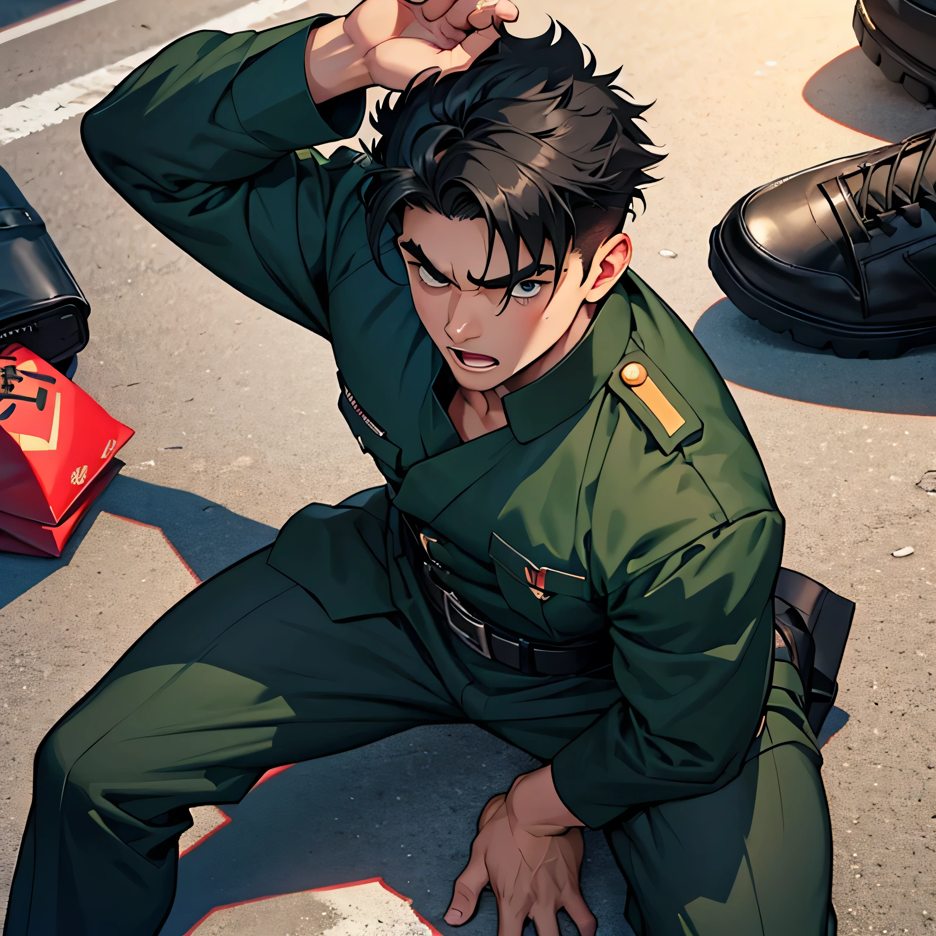 Age 25,, Dark green military uniform、 black slim pants  , black belt、 lying on the ground 、Spread your legs wider,black belt,logic, Gay , black hair, short hair on the side of the uniform, thick eyebrows,The eye is a blind spot、 Lightly Set Your Hair with Wax 、Masculine,salaryman,Mob characters,bad student、View from above　Open your mouth wide and scream　 painful face　 face up　