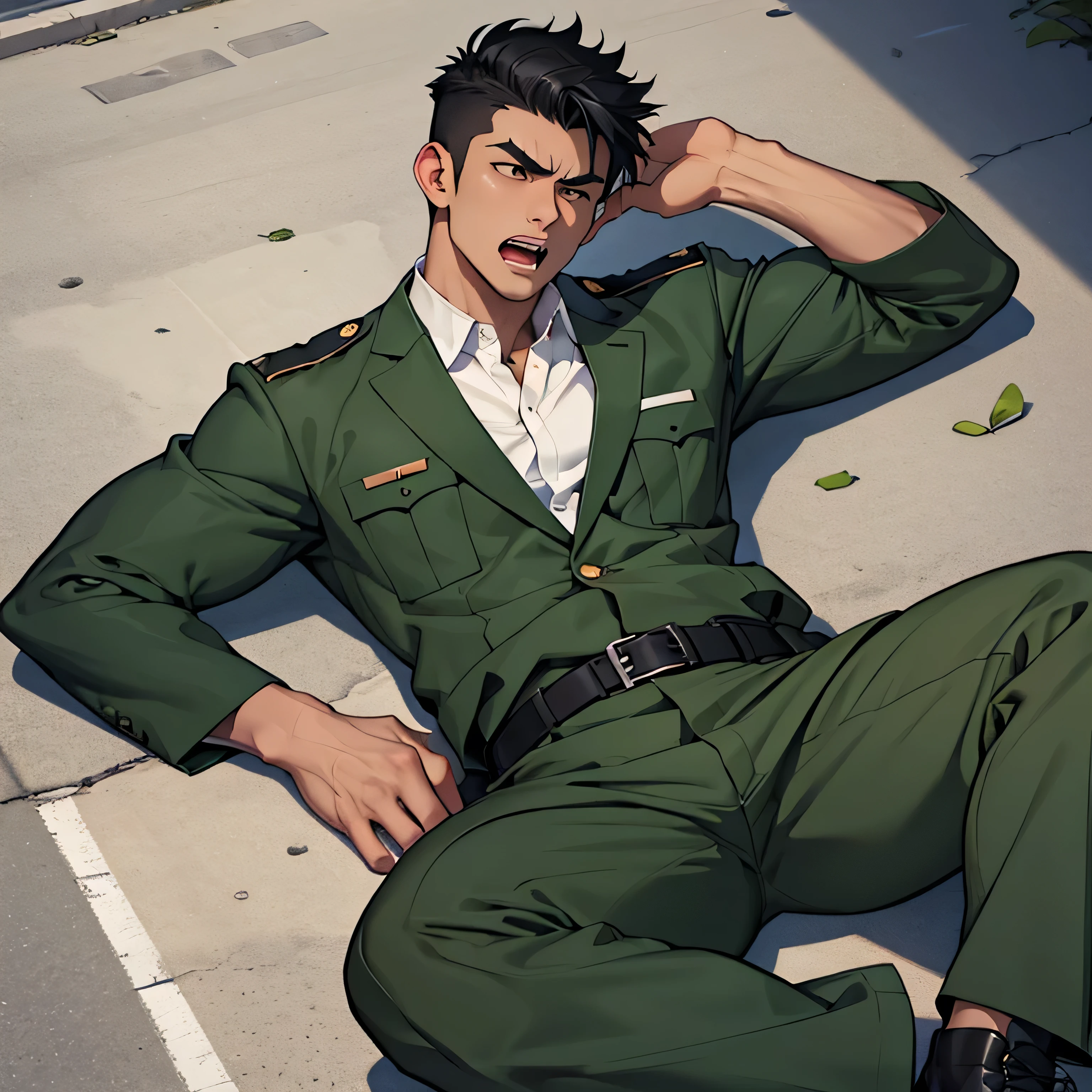 Age 25,, Dark green military uniform、 black slim pants  , black belt、 lying on the ground 、Spread your legs wider,black belt,logic, Gay , black hair, short hair on the side of the uniform, thick eyebrows,The eye is a blind spot、 Lightly Set Your Hair with Wax 、Masculine,salaryman,Mob characters,bad student、View from above　Open your mouth wide and scream　 painful face　 face up　