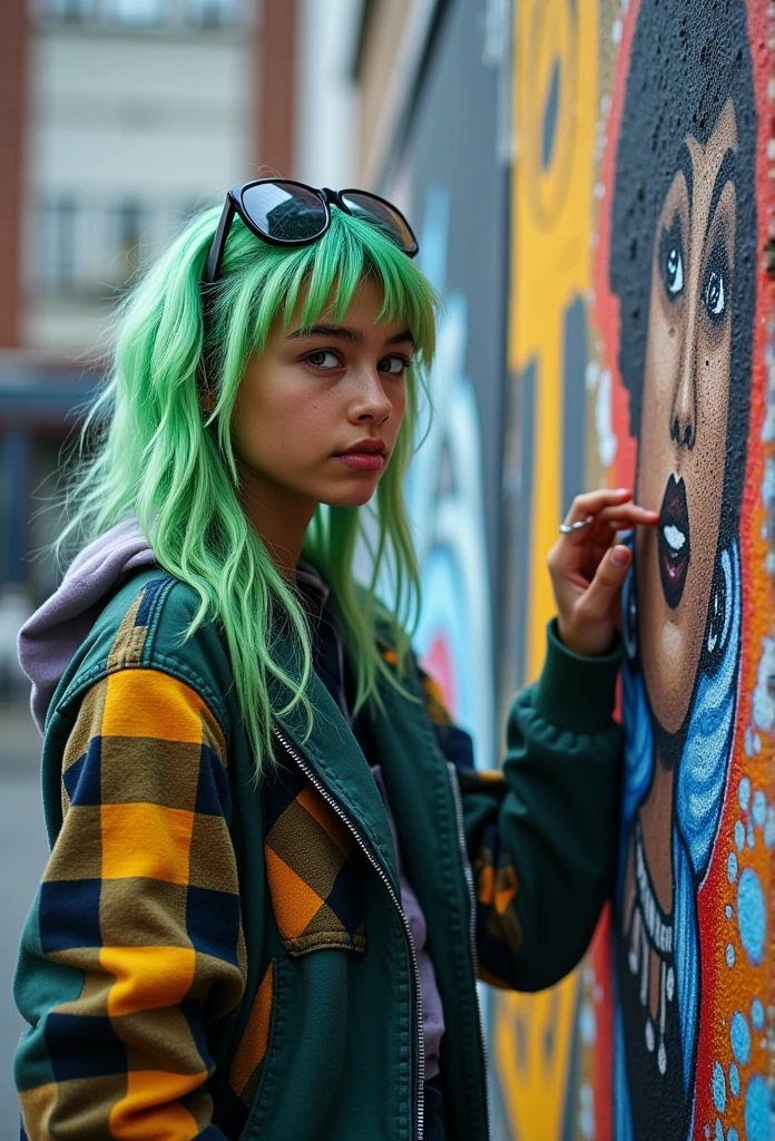 ((masterpiece)) ((photography)) ((Highest quality)) a white teenage girl, multicolor hair with green streaks with overside style with miles morales spiderman , she is graffitiing a picture of curvy black woman on the wall.