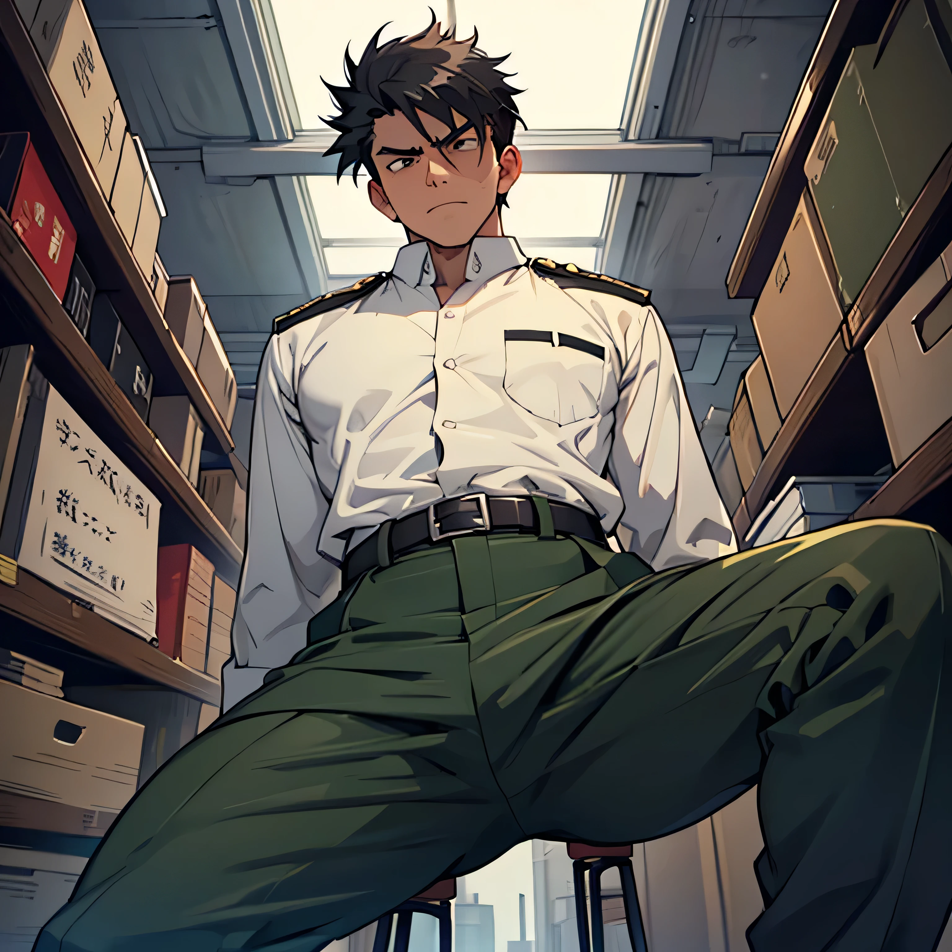 Age 25,, Dark green military uniform、 black slim pants  , black belt、cool battle pose、Spread your legs wider,black belt,logic, Gay , black hair, short hair on the side of the uniform, thick eyebrows,The eye is a blind spot、 Lightly Set Your Hair with Wax 、Masculine,salaryman,Mob characters,bad student、View from below　Menacing look　 face up