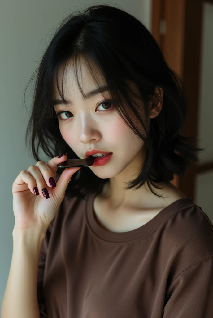 (masterpiece:1.2,high quality), One girl, ((Ultra-Realistic Details)), (Realistic beautiful Japanese girl face)、｟Upper body close-up｠、(((Completely naked)))、((((short hair))))、(((small, Flat Chest:1.4)))、Global Illumination, Shadow, Absurd, Octane Rendering, 8K, Ultra Sharp, Metal, Complex, Decorations detailed, highly Complex details, ((A clean and pretty face)), Equipment, Bobcut,(((((She has some solid dark brown poop on her face and body)))))、(((((Her mouth is stained with dark brown poop)))))、((((((She has dark brown poop in her mouth and is eating it))))))