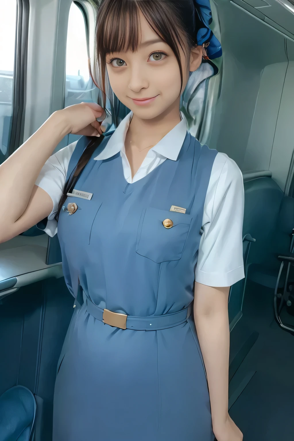 (masterpiece:1.2,  best quality:1.2), 32kHDR,  high definition , (alone、 1 girl)、（Rooftop of a building during the day、Professional Lighting）、With the roof of the building in the background 、（ Realistic Style Japan Air System Flight Attendant Uniform Blue ）、（（Japan Airlines System Flight Attendant Uniform Blue Jumper Skirt 両側にポケット付き、Japan Airlines System Flight Attendant Uniform Blue Jumper Skirt 、Japan Airlines System Flight Attendant Uniform Blue Jumper Skirt with Buttons on Both Chest Pockets 、 white short sleeve blouse 、 Light Blue Vest with Waist 、Scarf around the neck））、  Lots of dark brown hair 、（Long Hair、Hair tied up、Hair tied up）、  Lots of dark brown hair 、Long Hit、Big Breasts、Thin legs、（（ amazing hands：2.0）），（（ Harmonious Body Proportions ：1.5）），（（Normal limbs：2.0）），（（Usually refers to：2.0）），（（ delicate eyes ：2.0）），（（Normal eyes：2.0））)、smile、（Japan air system cabincrew uniform blueを見せた美しい立ち姿）、Hands crossed underneath 