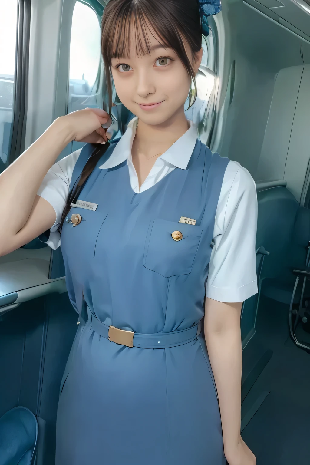 (masterpiece:1.2,  best quality:1.2), 32kHDR,  high definition , (alone、 1 girl)、（Rooftop of a building during the day、Professional Lighting）、With the roof of the building in the background 、（ Realistic Style Japan Air System Flight Attendant Uniform Blue ）、（（Japan Airlines System Flight Attendant Uniform Blue Jumper Skirt 両側にポケット付き、Japan Airlines System Flight Attendant Uniform Blue Jumper Skirt 、Japan Airlines System Flight Attendant Uniform Blue Jumper Skirt with Buttons on Both Chest Pockets 、 white short sleeve blouse 、 Light Blue Vest with Waist 、Scarf around the neck））、  Lots of dark brown hair 、（Long Hair、Hair tied up、Hair tied up）、  Lots of dark brown hair 、Long Hit、Big Breasts、Thin legs、（（ amazing hands：2.0）），（（ Harmonious Body Proportions ：1.5）），（（Normal limbs：2.0）），（（Usually refers to：2.0）），（（ delicate eyes ：2.0）），（（Normal eyes：2.0））)、smile、（Japan air system cabincrew uniform blueを見せた美しい立ち姿）、Hands crossed underneath 