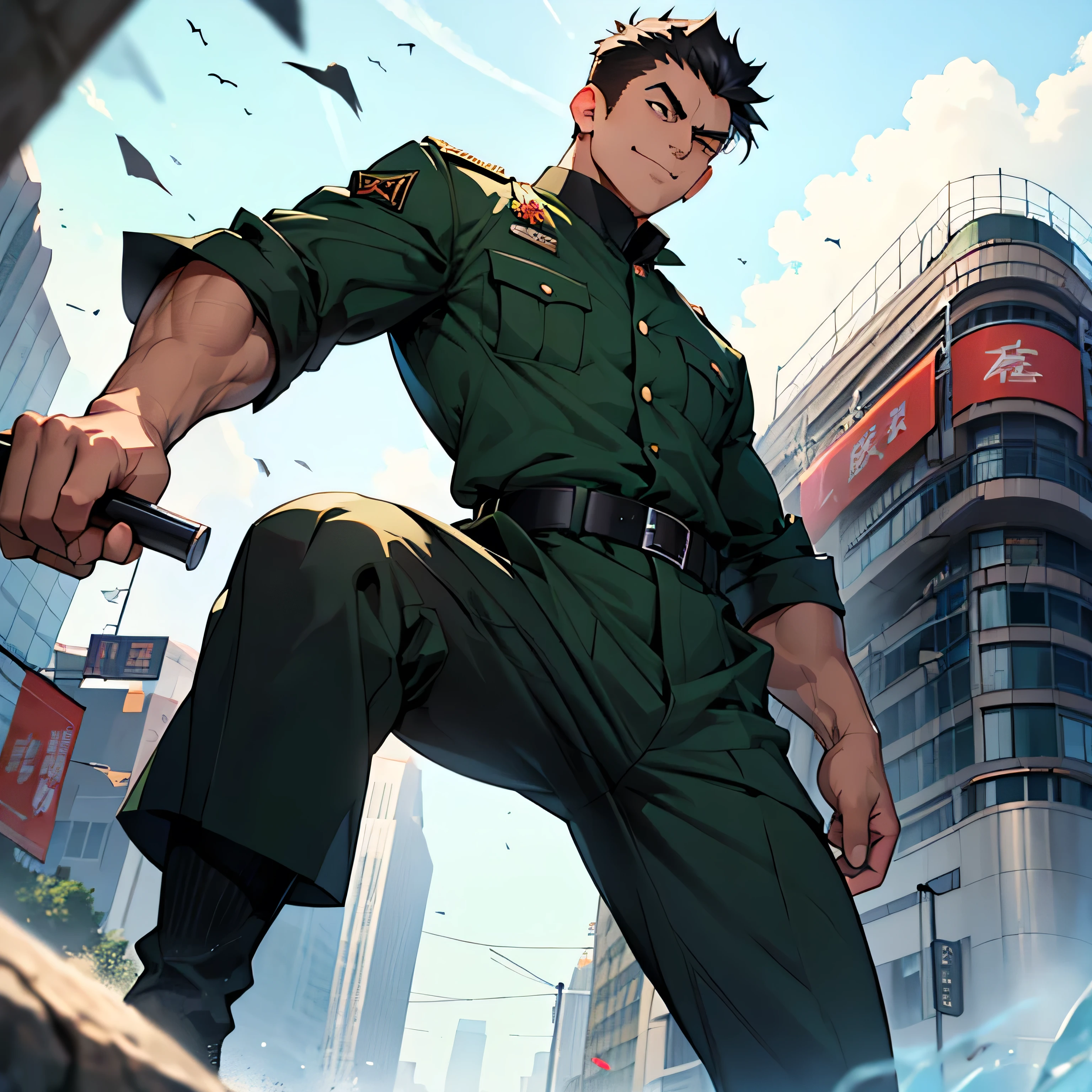 Age 25,, Dark green military uniform、 black slim pants  , black belt、cool battle pose、Spread your legs wider,black belt,logic, Gay , black hair, short hair on the side of the uniform, thick eyebrows,The eye is a blind spot、 Lightly Set Your Hair with Wax 、Masculine,salaryman,Mob characters,bad student、View from below　The villain's smile　 face up