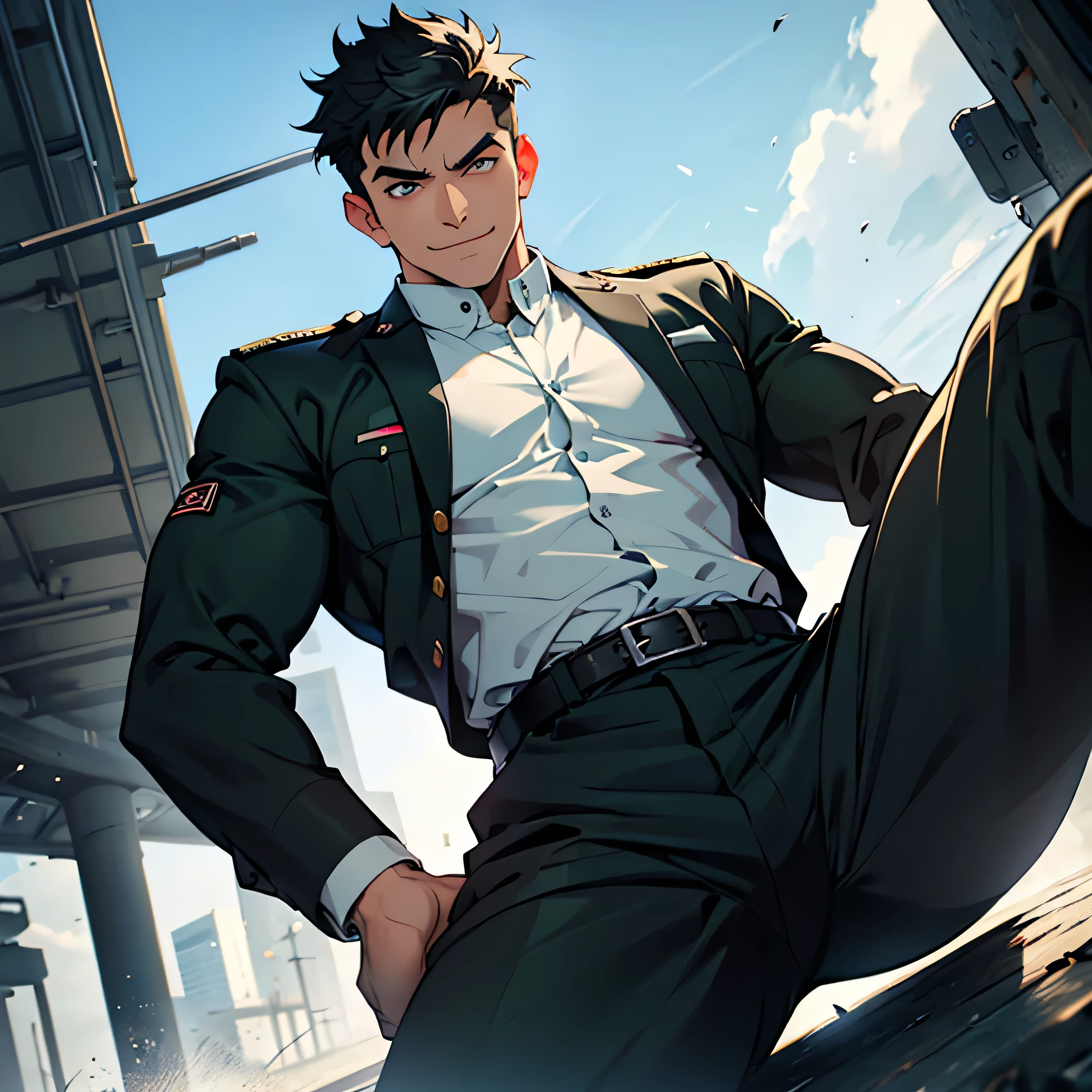 Age 25,, Dark green military uniform、 black slim pants  , black belt、cool battle pose、Spread your legs wider,black belt,logic, Gay , black hair, short hair on the side of the uniform, thick eyebrows,The eye is a blind spot、 Lightly Set Your Hair with Wax 、Masculine,salaryman,Mob characters,bad student、View from below　The villain's smile　 face up