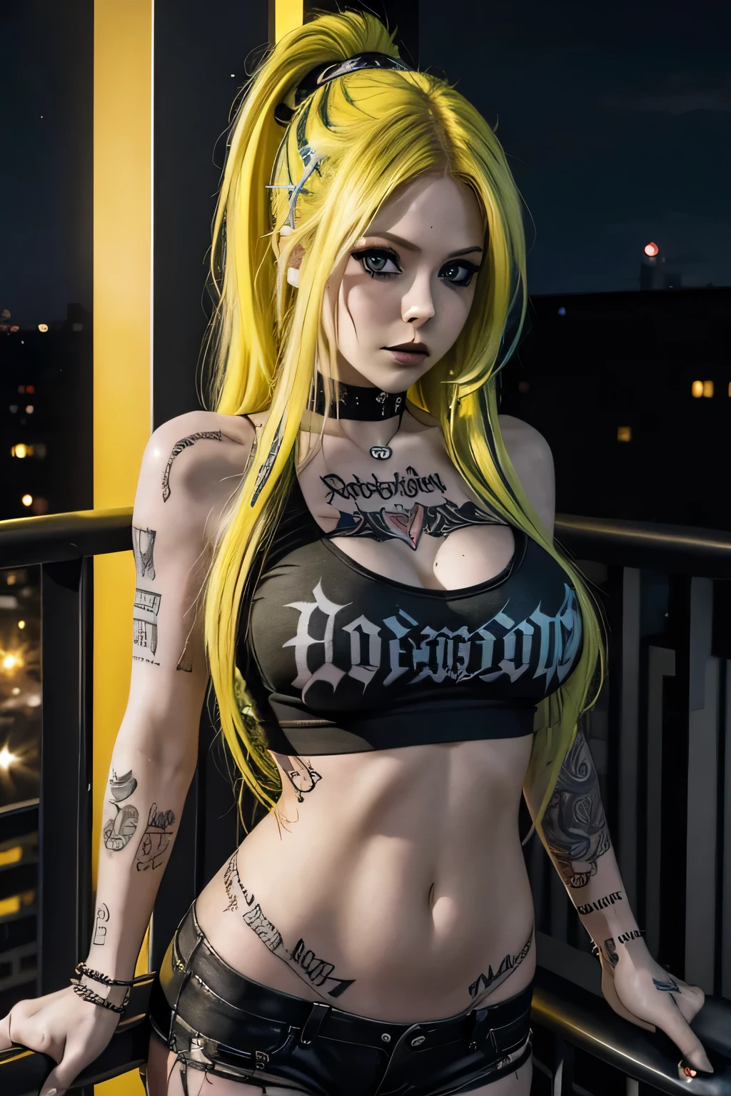 Extreme close-up of Avril Lavigne, Holo-punk style , Gothic, excited, pale skin,  smoky eyes, strong colors, Wild hairstyle,  yellow and blue hair , green lips,  hotel balcony at night ,  bent over balcony , leaning, body view,  huge breasts ,  womb tattoo , Herz-Tattoo,  ripped clothes ,  skull t-shirt  