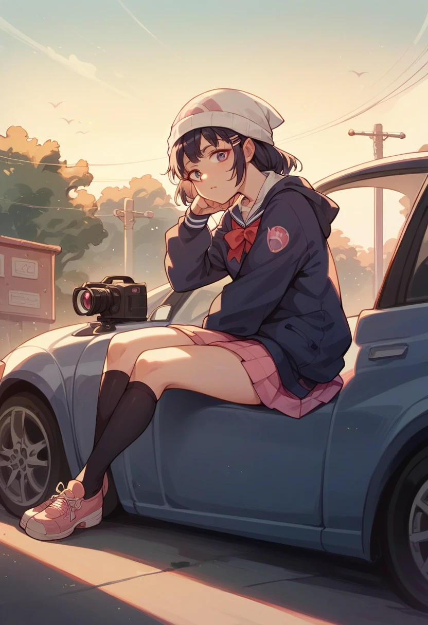 masterpiece, detail,  car with a large lens camera hanging around her neck、Female high school student in uniform sitting on the hood of a 、Dawn sky