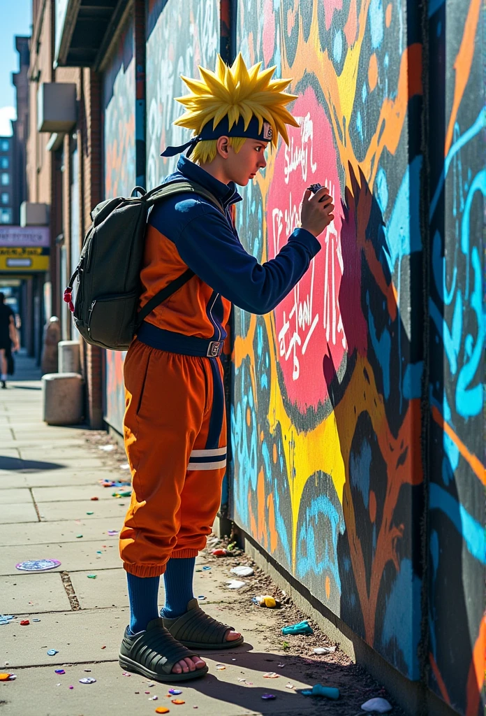 a white teenage Naruto, blond hair with with overside style with his Naruto outfit , he is graffitiing 