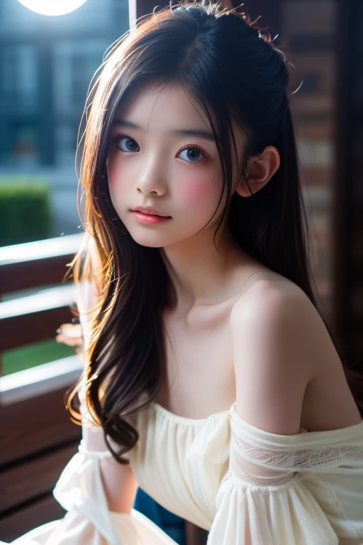 (masterpiece, highest quality:1.4), award-winning portraits, 8K, 85mm, alone, beautiful face, delicate girl, violaces, gardenia, grace, Sophisticated, cute, , looking at the viewer, 15 yw photo, disorganized, HDR, sharp focus, background bokeh、(((flat 、thin and delicate body、A childish atmosphere、basement)))、Her shiny semi-long hair is tied up、swaying hair、Mole on the left cheek、large, round, dark blue eyes、full body、random pose、Junior idol、Nogizaka Idol、mole under eye、sexy、naked、topless