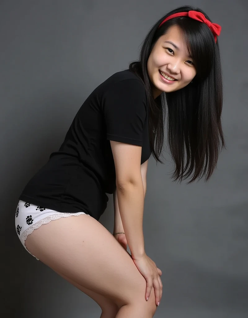 Ultra detailed photograph of an Pretty asian woman with ((sexy thick body)), sensual, soft makeup, ((red ribbon headband)), long hair, (Bent Over) , (( Body Pointed Away From Viewer, Looking Back At Viewer Over Her Shoulder, her face fully visible)) , her hanging big breast visible, wearing black tight t-shirts, her big round ass covered by ((cute micro bears printed panties with lace trim edges)), (not wearing shorts, not wearing pants, not wearing skirt), low angle side pose, (dark gray background)