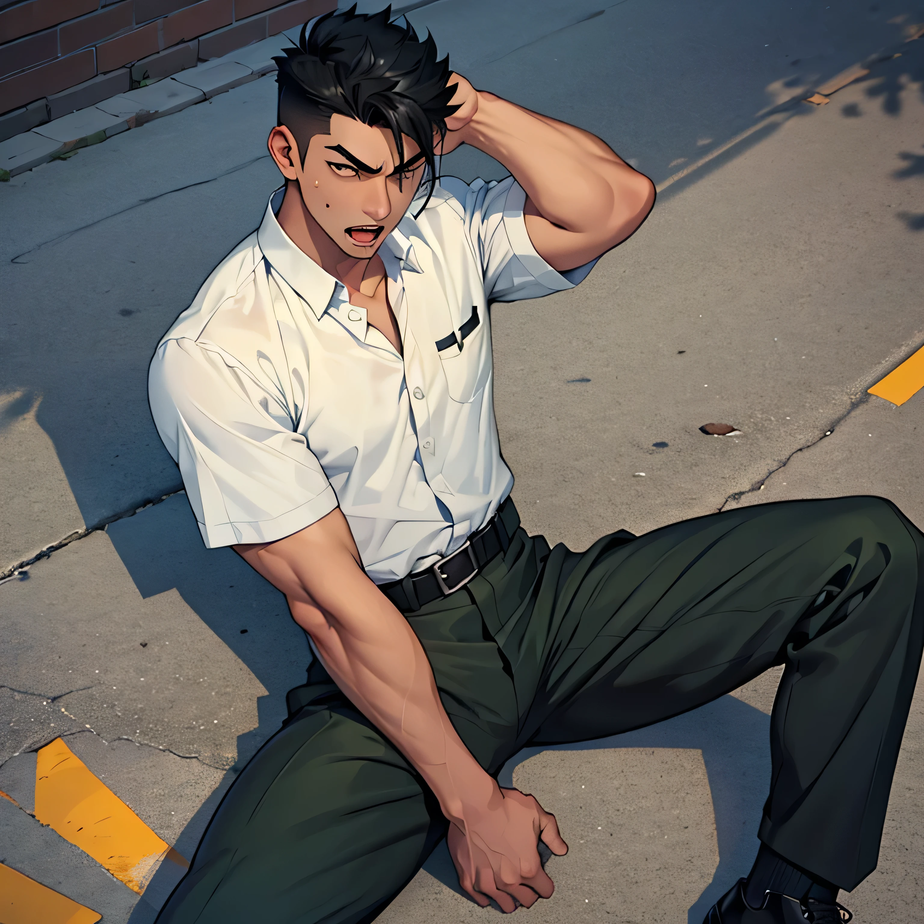 Age 25,, Dark green military uniform、 black slim pants  , black belt、 lying on the ground 、Spread your legs wider,black belt,logic, Gay , black hair, short hair on the side of the uniform, thick eyebrows,The eye is a blind spot、 Lightly Set Your Hair with Wax 、Masculine,salaryman,Mob characters,bad student、View from above　Open your mouth wide and scream　 painful face　 face up　