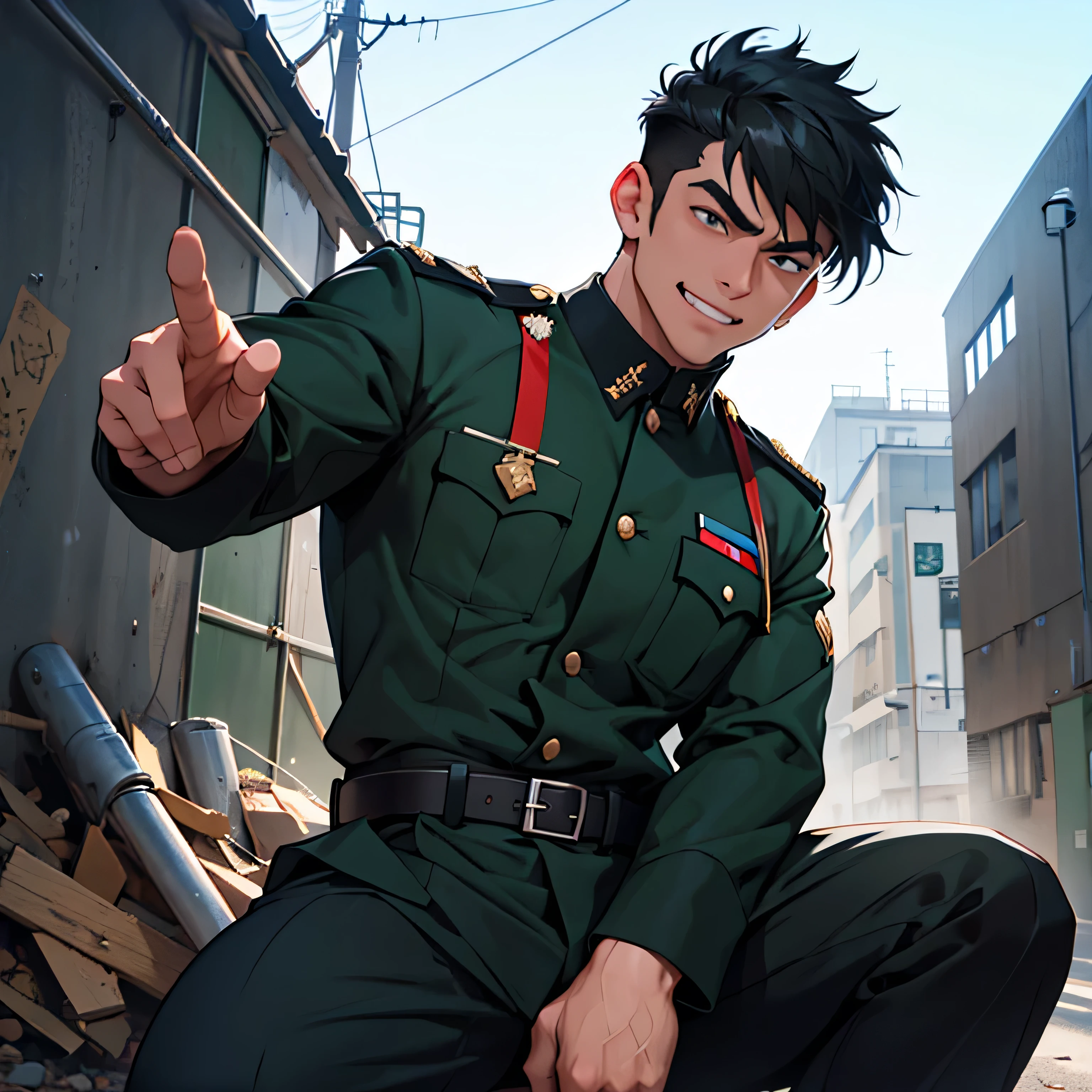 Age 25,, Dark green military uniform、 black slim pants  , black belt、cool battle pose、Spread your legs wider,black belt,logic, Gay , black hair, short hair on the side of the uniform, thick eyebrows,The eye is a blind spot、 Lightly Set Your Hair with Wax 、Masculine,salaryman,Mob characters,bad student、View from below　The villain's smile　 face up