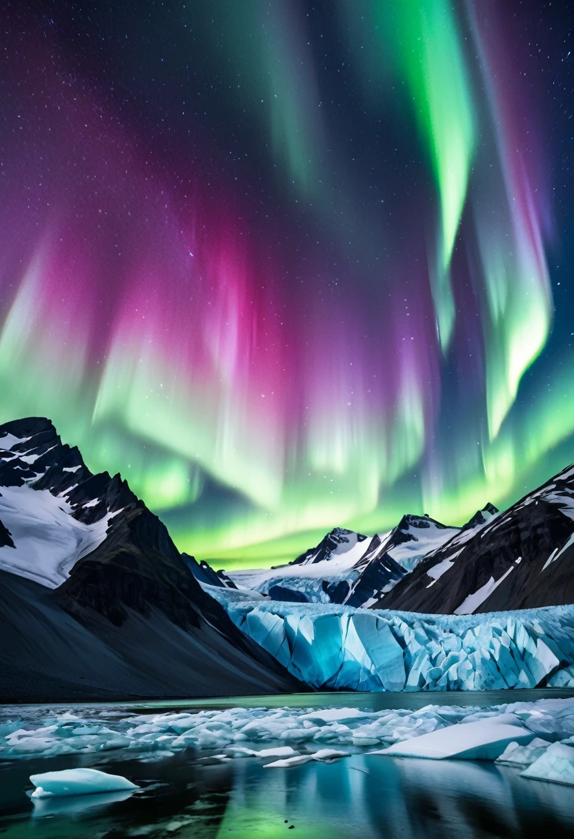 Aurora over a glacier ,  a couple in warm clothes looking up at the auroras , A young man in blue warm clothes "Asuka" and a dark-haired woman in white warm clothes "Haruna"