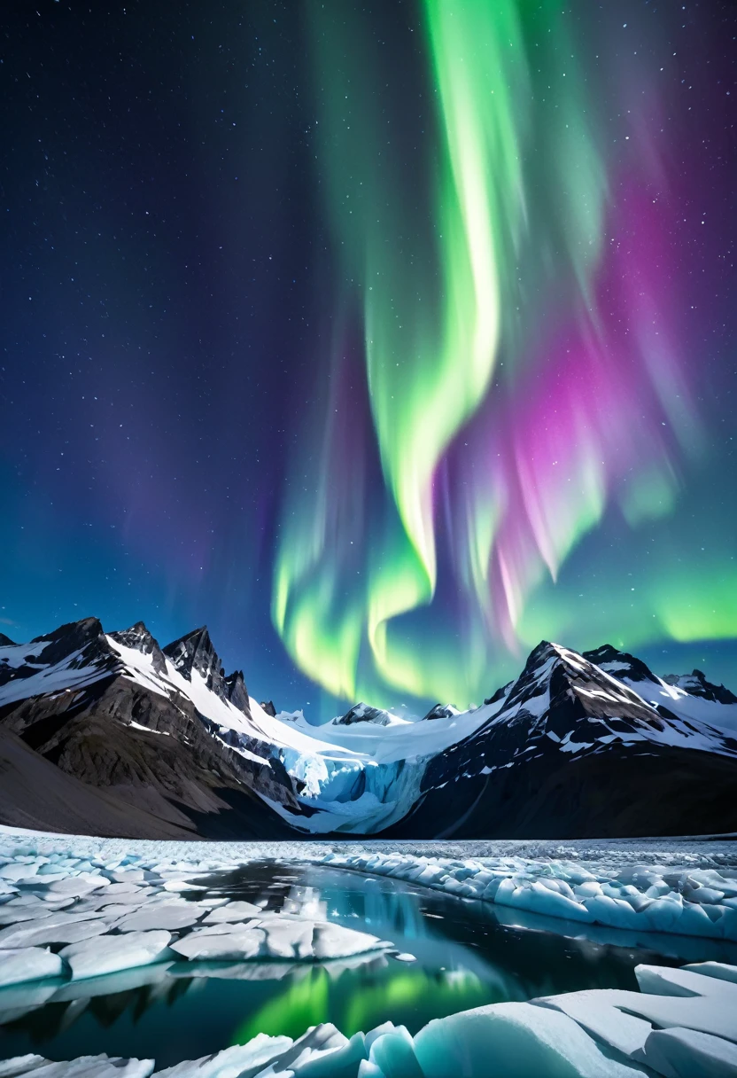 Aurora over a glacier ,  a couple in warm clothes looking up at the auroras , A young man in blue warm clothes "Asuka" and a dark-haired woman in white warm clothes "Haruna"