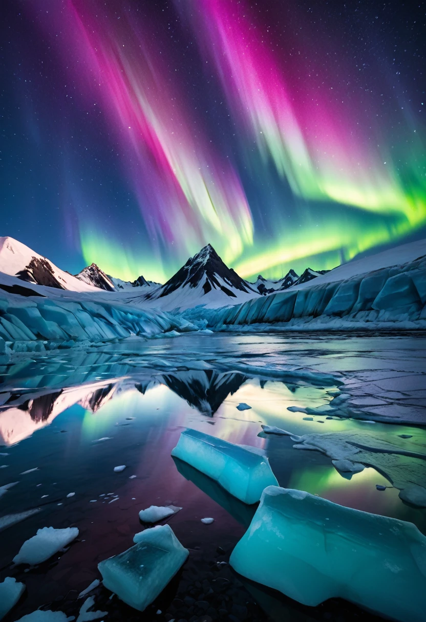 Aurora over a glacier ,  a couple in warm clothes looking up at the auroras , A young man in blue warm clothes "Asuka" and a dark-haired woman in white warm clothes "Haruna"