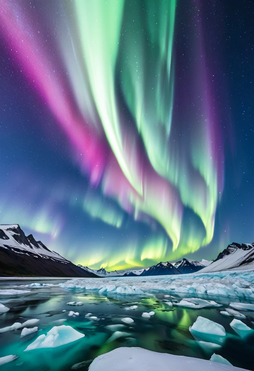 Aurora over a glacier ,  a couple in warm clothes looking up at the auroras , A young man in blue warm clothes "Asuka" and a dark-haired woman in white warm clothes "Haruna"