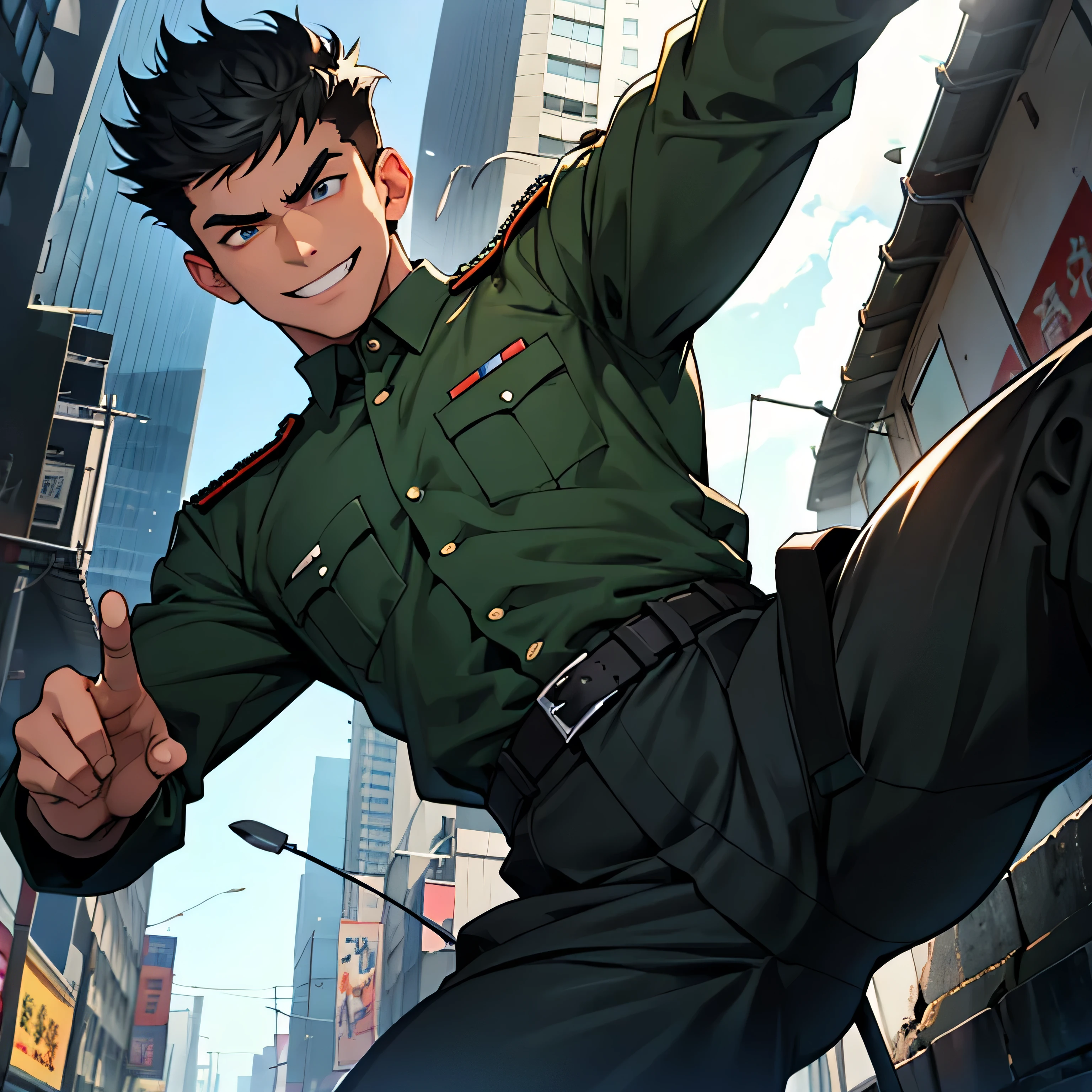 Age 25,, Dark green military uniform、 black slim pants  , black belt、cool battle pose、Spread your legs wider,black belt,logic, Gay , black hair, short hair on the side of the uniform, thick eyebrows,The eye is a blind spot、 Lightly Set Your Hair with Wax 、Masculine,salaryman,Mob characters,bad student、View from below　The villain's smile　 face up