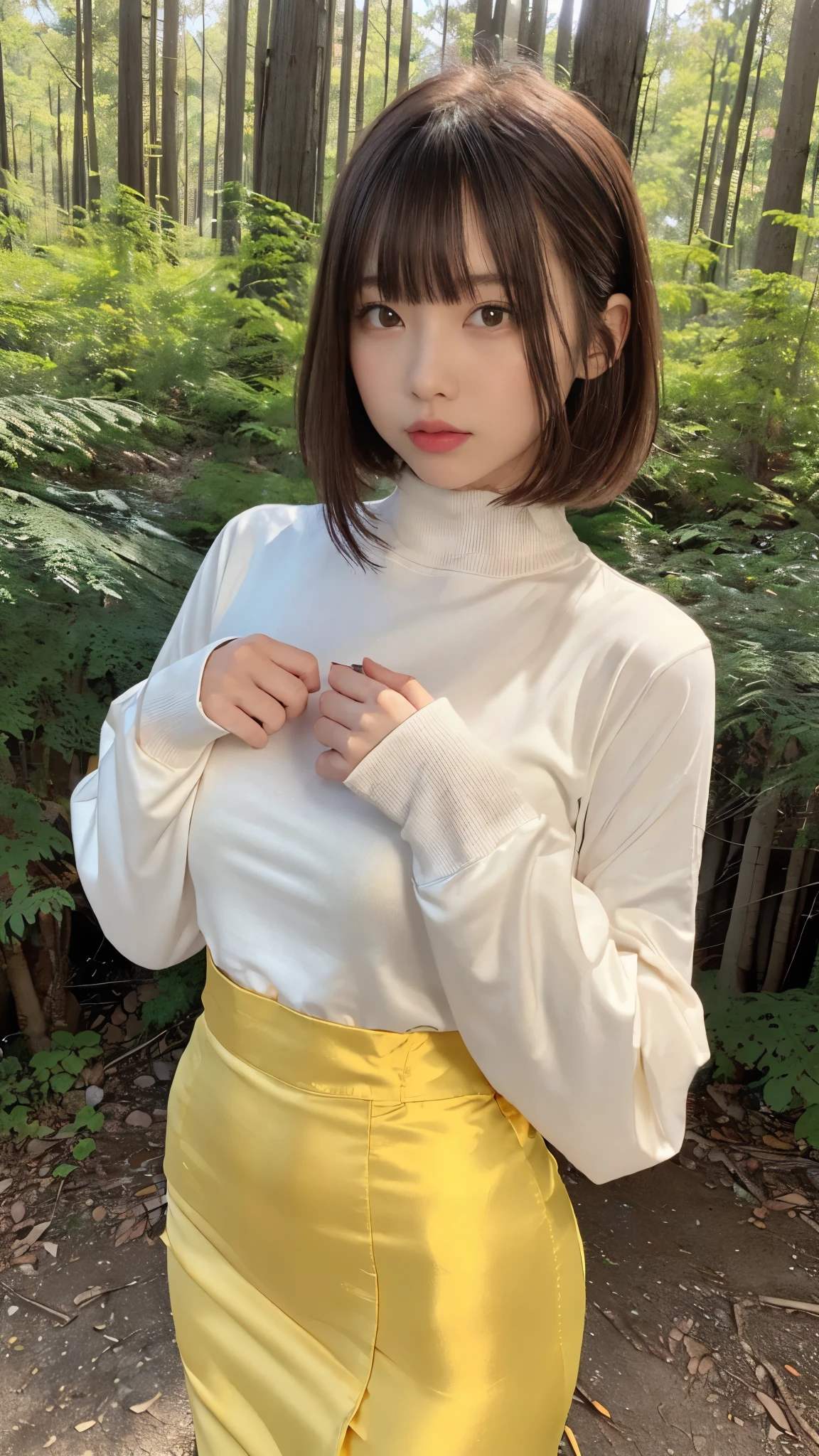 (masterpiece,  best quality,    ultra high resolution ),  extremely detailed CG  ,  short bob hair with bangs 、  beautiful face、((( very pretty Japanese woman hiding her chest with her hands ))),((Light yellow satin long high waist mermaid pencil skirt )),(The shirt is tucked into the skirt)、(((Maxi long skirt)))、((( Long-sleeved high-neck t-shirt made of light yellow satin fabric that fits the body perfectly)))、((((Standing in the forest on a dark night)))),