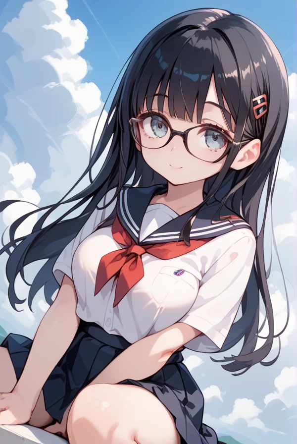 Very detailed, highest quality, High resolution, Moe Anime, ((Cute girl with black hair and droopy eyes)), ((Wearing large round glasses:1.4)), (Baby Face), Cute eyes, Detailed eye depiction, Sparkle in the eyes, View your viewers, Pale skin, (Big eyes:1.4, Droopy eyes:1.4, Fatty face:1.4), smile, Focus on the face, In the park with cherry blossoms falling, Sitting, (Extreme close up of tongue), (((From above))), Open your mouth, (((Face only:1.3))), ((Sleeveless sailor suit)), Bright Eyes, Light from the front, (Put your hands between your legs:1.4), large and long tongue, Cleavage