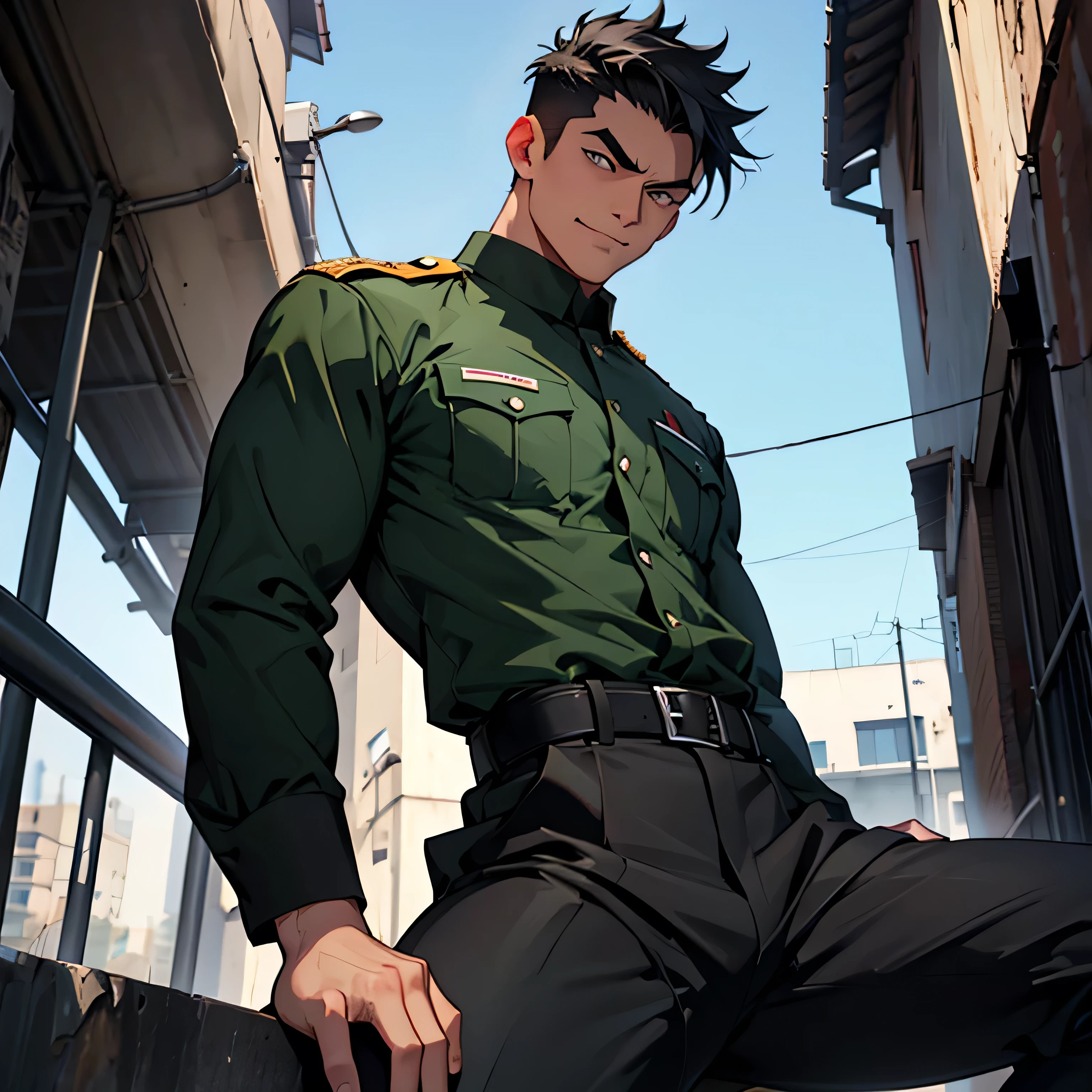 Age 25,, Dark green military uniform、 black slim pants  , black belt、cool battle pose、Spread your legs wider,black belt,logic, Gay , black hair, short hair on the side of the uniform, thick eyebrows,The eye is a blind spot、 Lightly Set Your Hair with Wax 、Masculine,salaryman,Mob characters,bad student、View from below　The villain's smile　 face up