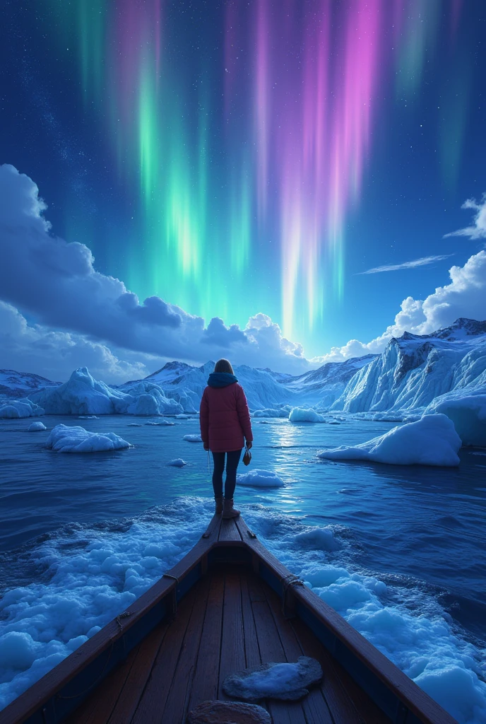 masterpiece,I'm standing at the tip of a ship, from side,colorful auroras are vaguely projected in the sky（ moving illustration ）,Glaciers flow through the vast ocean, best quality,  high definition model ,  widescreen ,  first-person view,  motion blur, 8k,  digital art, 