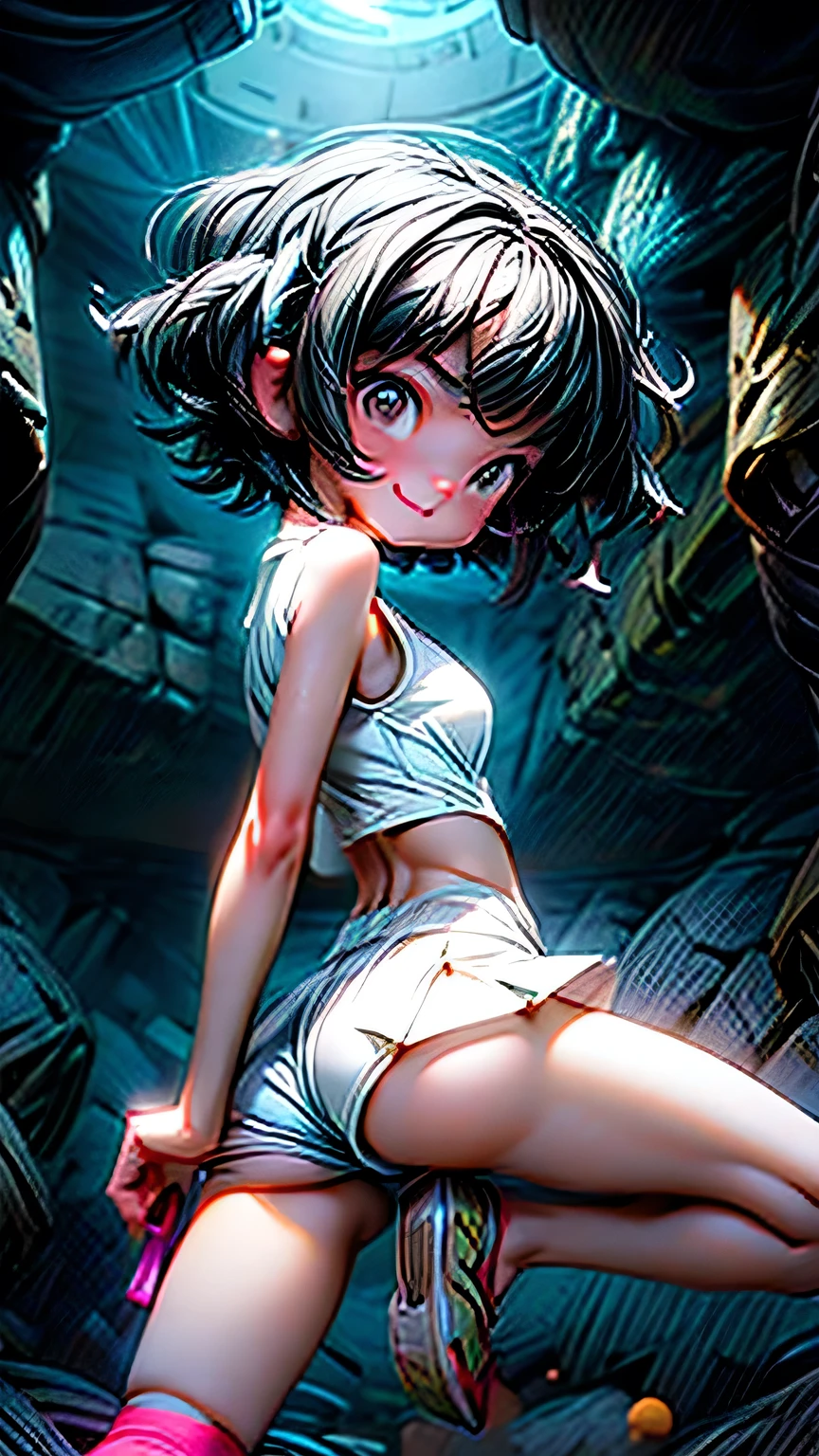 1girl、Black short hair、woman、Attractive big breasts、Tennis Clothing、Fit Body、chic、Black Eyes、(Happy expression)、She stands in front of the viewer、((Dark cave interior background))、Thighs((Rear view)))、Spread your legs、Bend