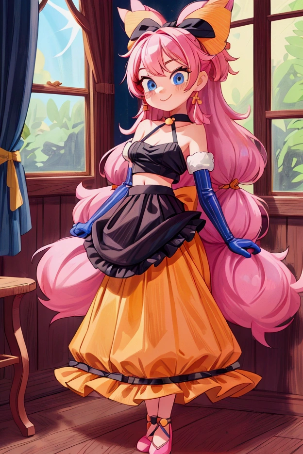 "Masterpiece, best quality, 1 girl, pink hair, blue eyes, big bow, elbow gloves, black crop top, fur stole, choker, standing indoors with intricate details and sunlight. black orange and yellow frilled dress striped with short neckline, Sweet smile, sexy pose, coquette, beautiful long legs, mature teen body, gorgeous, pronounced breasts