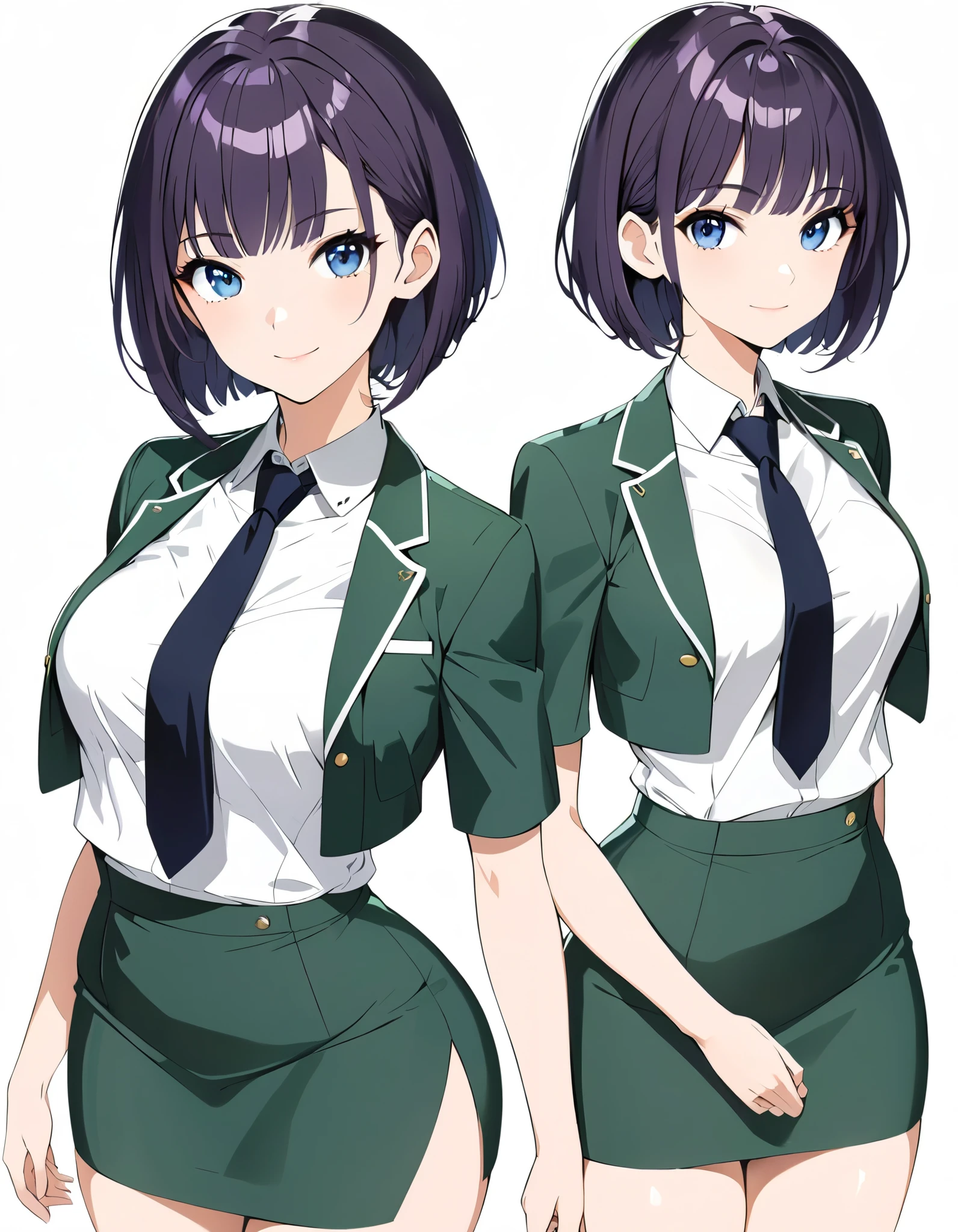 (masterpiece), (best quality), (highres), 1girl, solo, highly detailed, green suit and tie, pencil skirt, miniskirt, bare legs, matching shoes, looking at viewer, perfect hands, perfect eyes, perfect legs, perfect arms, perfect fingers, medium breasts, purple hair, short hair, bob hair, blue eyes, standing, smile, full body with costume. Simple background, multiple views of the same character,model sheet,chatacter sheet