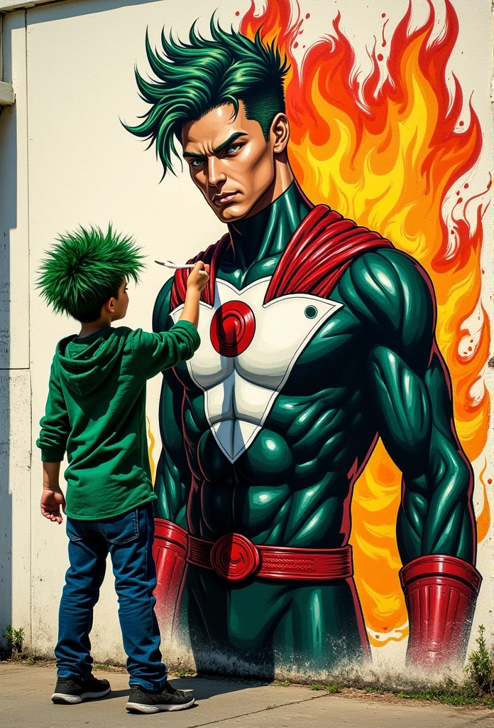 a white teenage Izuku Midoriya, green hair with with overside style with his green Hero outfit , he is graffitiing AllMight on the wall