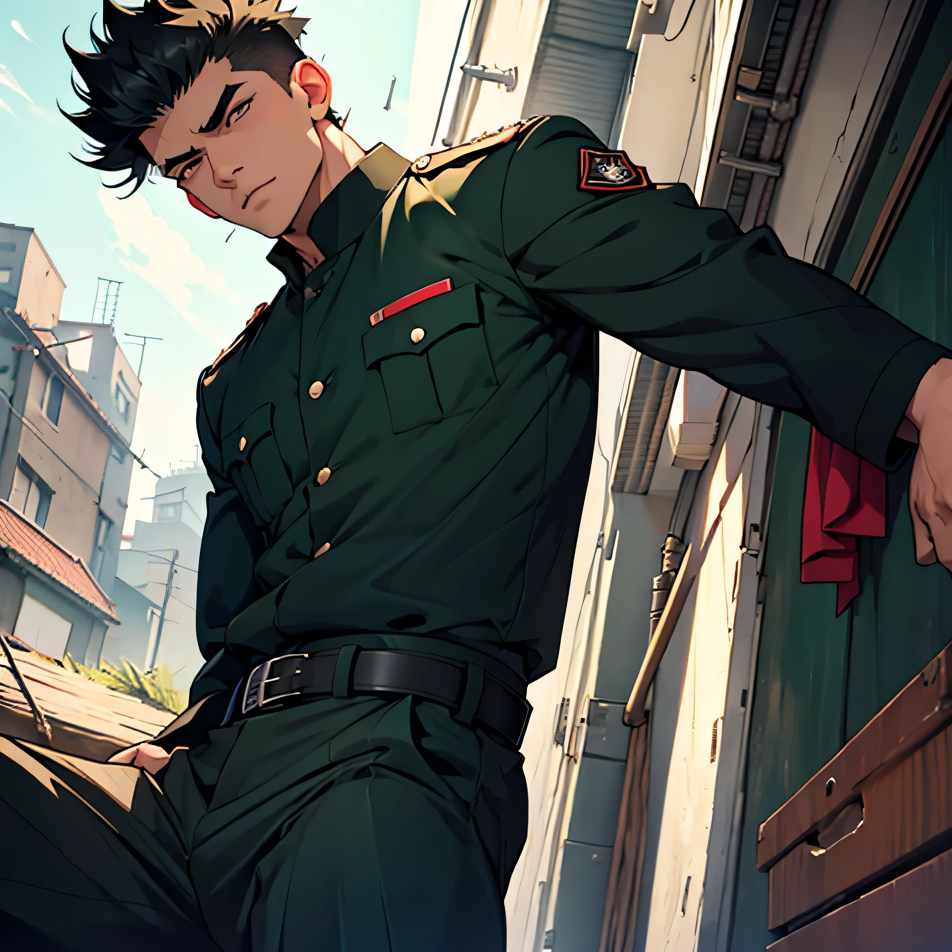 Age 25,, Dark green military uniform、 black slim pants  , black belt、cool battle pose、Spread your legs wider,black belt,logic, Gay , black hair, short hair on the side of the uniform, thick eyebrows,The eye is a blind spot、 Lightly Set Your Hair with Wax 、Masculine,salaryman,Mob characters,bad student、View from below　Menacing look　 face up