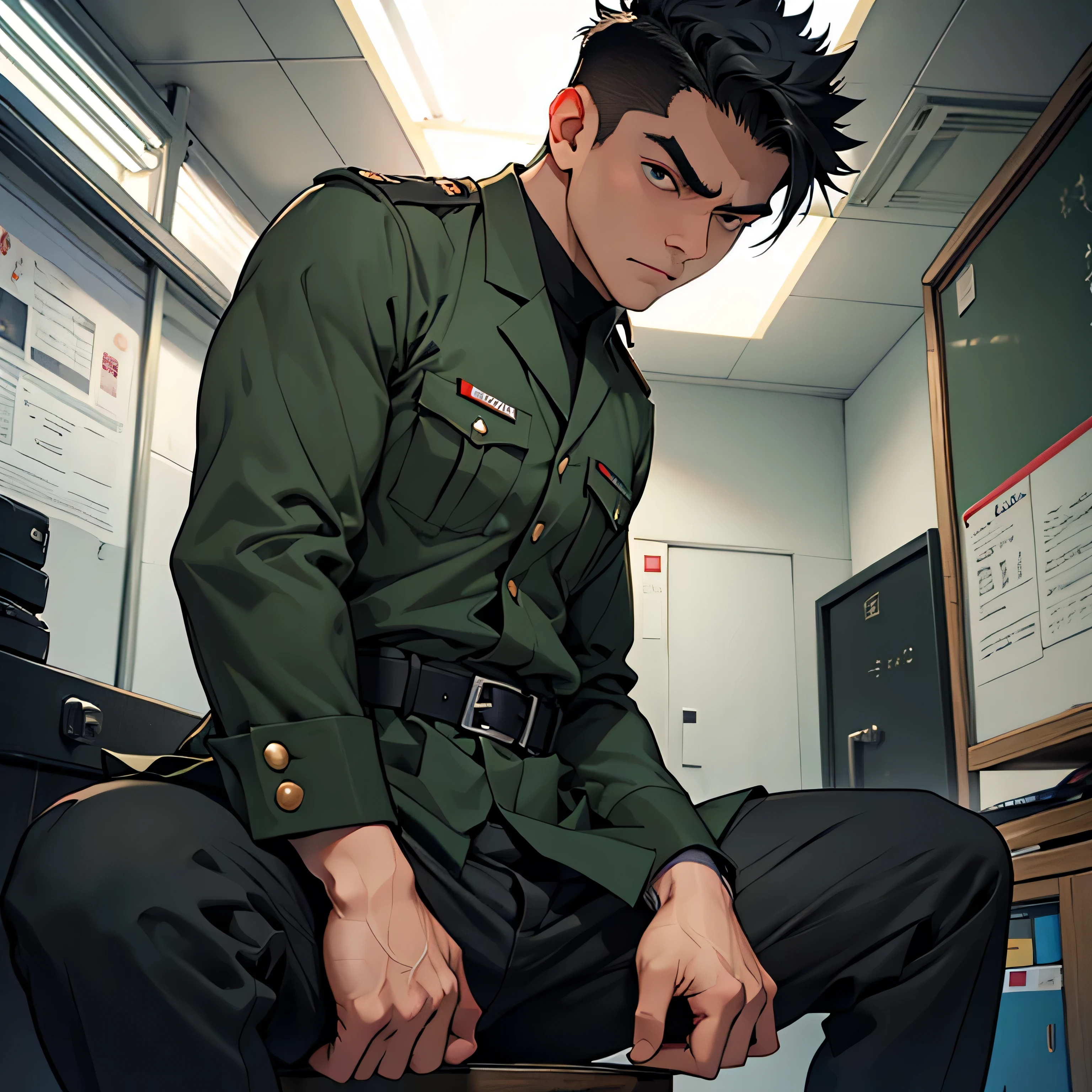 Age 25,, Dark green military uniform、 black slim pants  , black belt、cool battle pose、Spread your legs wider,black belt,logic, Gay , black hair, short hair on the side of the uniform, thick eyebrows,The eye is a blind spot、 Lightly Set Your Hair with Wax 、Masculine,salaryman,Mob characters,bad student、View from below　Menacing look　 face up