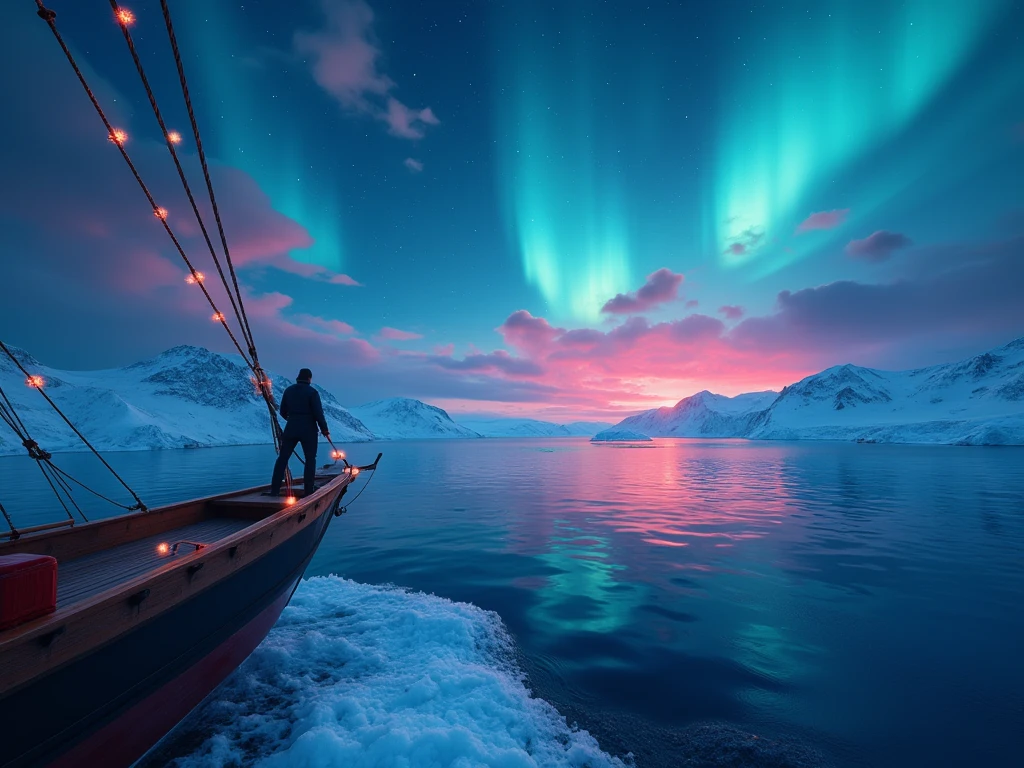 masterpiece,I'm standing at the tip of a ship, from side,colorful auroras are vaguely projected in the night sky（ moving illustration ）,Glaciers flow through the vast ocean, best quality,  high definition model ,  widescreen ,  first-person view,  motion blur, 8k,  digital art, 