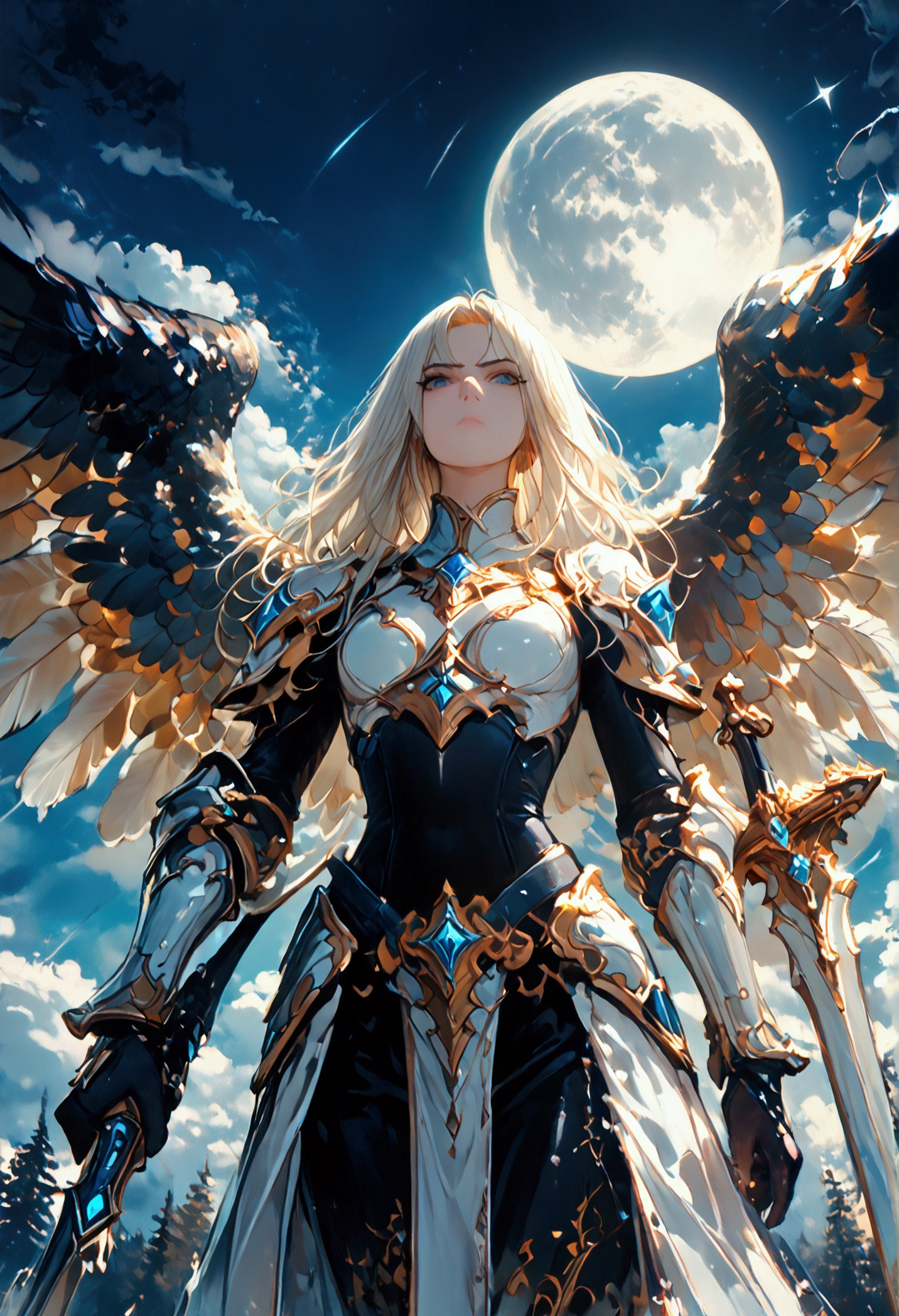  score_9,  score_8_up,  score_7, an epic fantasy art  Portrait  of aasimar, woman, paladin ready for battle under the full moon, Holy Warrior ,  spread wings with big feathers, Majestic Wings,  White Angel Wings Spread  (masterpiece,  intense details : 1.5), moon light, moon, star, clouds,  sacred symbol ,  Wielding a divine sword,  wearing sacred armor ,  Dynamic Hair Color ,  Dynamic hairstyle , dynamic skin tones, Dark fantasy ( Forest Background: 1.3), Lots of trees, under the moonlight, some star in the null, some clouds, moon rays,  determined expression , god rays,  cinematic lighting , Shining Light,  silhouette, From the outside,  photorealism,  Panoramic View (masterpiece 1.3,  intense details ) , Wide angle,   ULTRA WIDE ANGLE  , 16k,  high definition ,  best quality,   high detail  , 16k,   super detailed , masterpiece,  best quality, ( Very detailed), Arafed, dnd Art,  Portrait , whole body, magical null, cloud, null, HKStyle