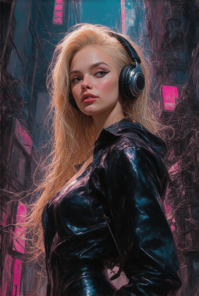 neon cyberpunk beautiful blond woman in middle of composition, (((ultra detailed futuristic city ))), beautiful blond model, wearing futuristic wireless headphones, detailed and intricate (((high tech cyberpunk city))), art by (((Syd Mead, Masamune Shirow, Dylan Kowalski))), highly detailed photo realistic, ultra sharp focus, ultra high quality, vibrant, (very enormous breast:1.5), (nipples:1.1), shiny latex is black, latex stockings, long black hair, full body view, (shiny skin:1.4), shiny lips, very big ass, symmetrical detailed face, toned, sexy, masterpiece, modelshoot style, photorealistic