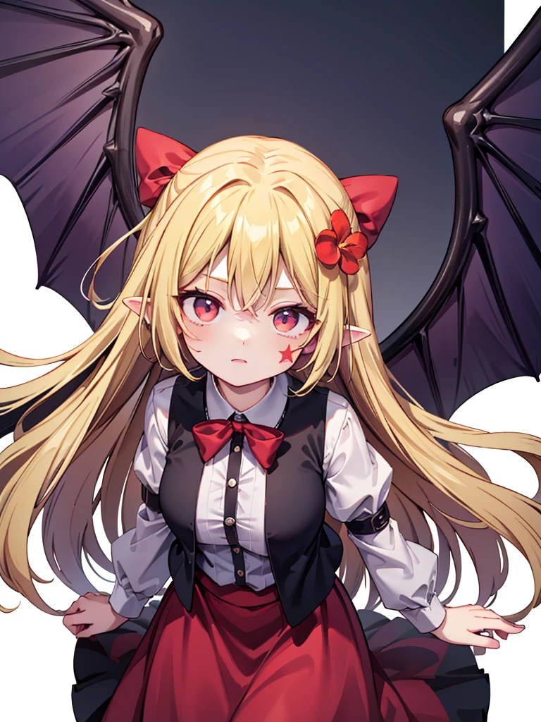 an animated drawing of a female with wings, clean line drawings, ultra cute girl, ultra cute face, ultra detailed eyes, ultra detailed hair, ultra cute, ultra beautiful, ((high end)), (UHD picture), (best quality,4k,8k,highres,masterpiece:1.2), top-quality(​masterpiece), top-quality, ultra-detailed, highly detailed texture, intricate details, high quality textures, masterpiece, best quality, perfect quality, perfect anatomy, perfect body, perfect symmetrical face, perfect hands, perfect feet, (two arms:1.2), (two legs:1.2), (five fingers each:1.2), (perfect joint:1.2), perfect joint movement, precise fingers and hands, 1 beautiful girl, 1 girl, alone, solo, , , ((())), ((ish)), (Best Quality, hight resolution), extremely detailed and lifelike, Vibrant colors, simple background, very long hair, forehead visible bangs, hair flaps, hair ribbon, hair ornament, hair flower, blonde hair, well-formed face, blonde eyes, facial mark, Star-shaped marking on left cheek, devil girl, bat wings, open vest, red vest, red collar, white blouse, long sleeves, long red skirt