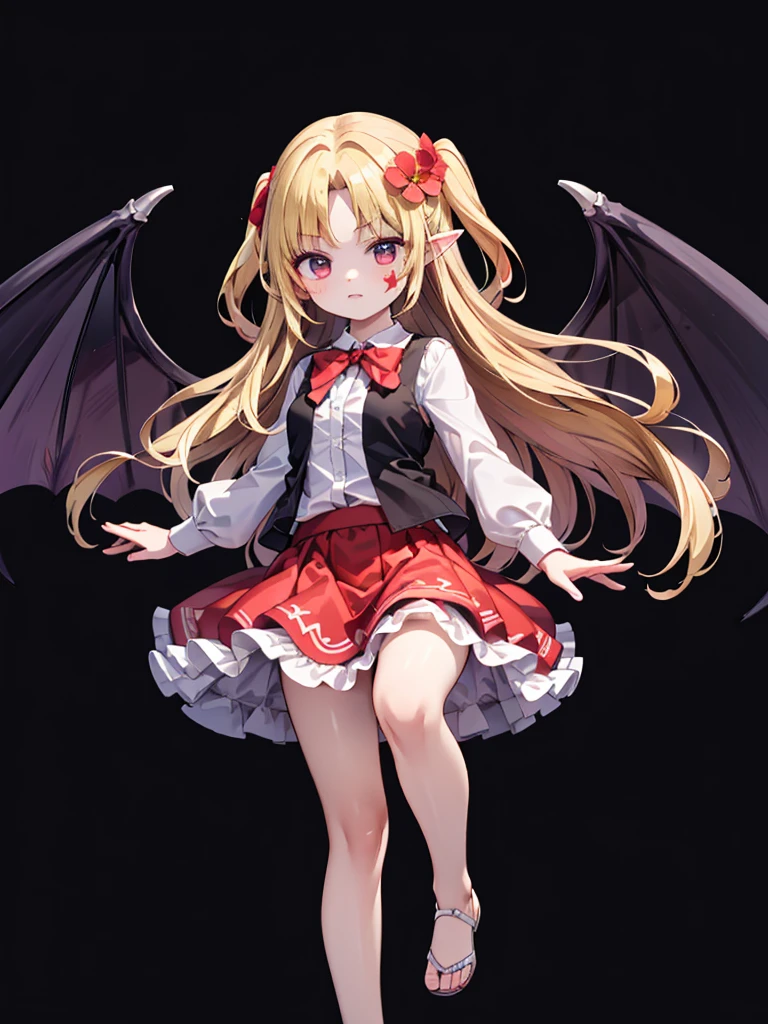 an animated drawing of a female with wings, clean line drawings, ultra cute girl, ultra cute face, ultra detailed eyes, ultra detailed hair, ultra cute, ultra beautiful, ((high end)), (UHD picture), (best quality,4k,8k,highres,masterpiece:1.2), top-quality(​masterpiece), top-quality, ultra-detailed, highly detailed texture, intricate details, high quality textures, masterpiece, best quality, perfect quality, perfect anatomy, perfect body, perfect symmetrical face, perfect hands, perfect feet, (two arms:1.2), (two legs:1.2), (five fingers each:1.2), (perfect joint:1.2), perfect joint movement, precise fingers and hands, 1 beautiful girl, 1 girl, alone, solo, , , ((())), ((ish)), (Best Quality, hight resolution), extremely detailed and lifelike, Vibrant colors, simple background, very long hair, forehead visible bangs, hair flaps, hair ribbon, hair ornament, hair flower, blonde hair, well-formed face, blonde eyes, facial mark, Star-shaped marking on left cheek, devil girl, bat wings, open vest, red vest, red collar, white blouse, long sleeves, long red skirt