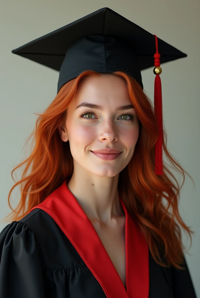 Studio photo. 18 year old, medium sized, confident looking woman. Smiling. Blue Graduation cap and gown. Short red hair in a pixie cut. Blue eyes < CCindyJaneDoe>
