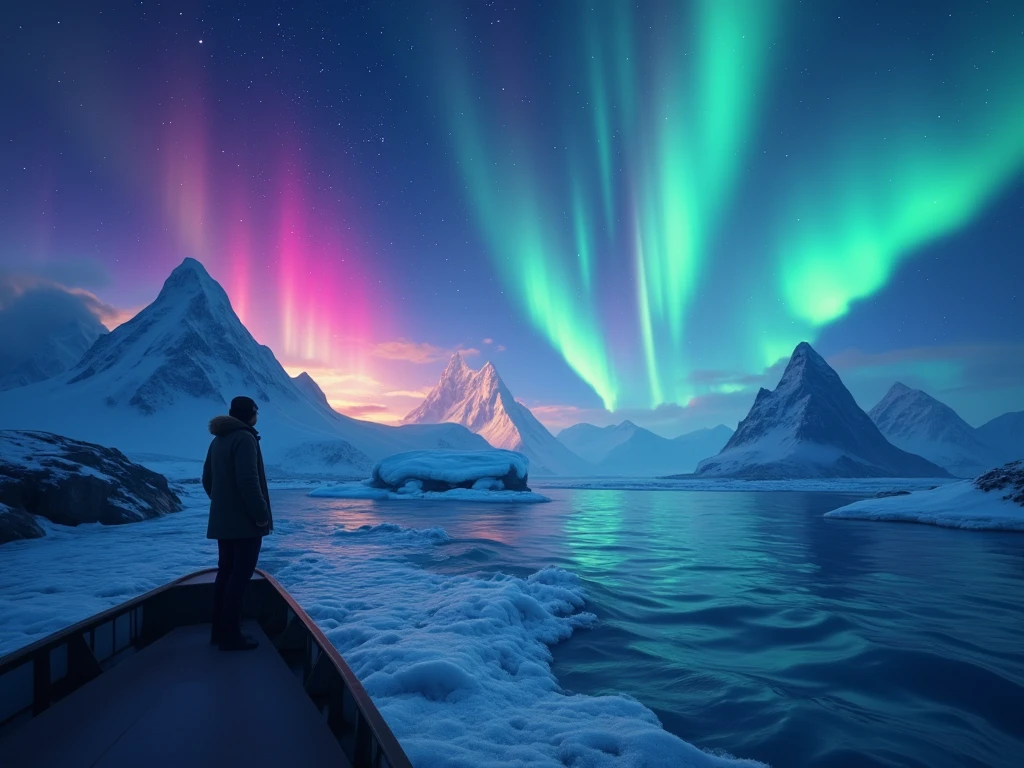 masterpiece,I'm standing at the tip of a ship, from side,colorful auroras are vaguely projected in the night sky（ moving illustration ）,Glaciers flow through the vast ocean, best quality,  high definition model ,  widescreen ,  first-person view,  motion blur, 8k,  digital art, 