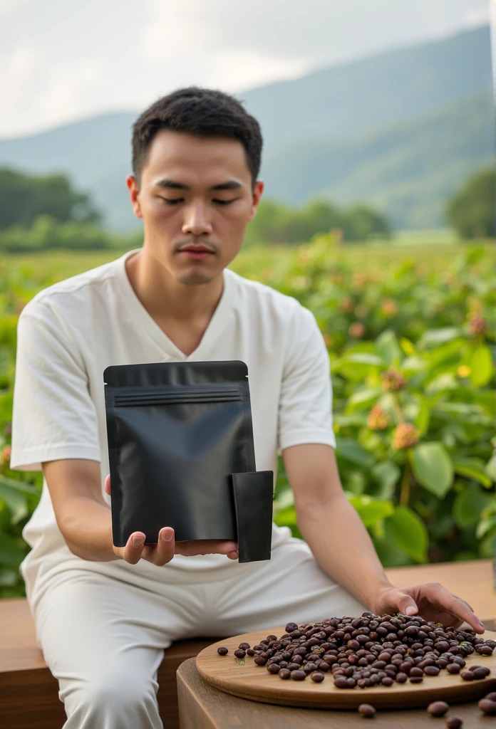 "A photorealistic image of a smart Thai man holding a smaller matte black ziplock stand-up tea pouch, about the size of his hand, appearing compact and portable. The man has a gentle smile and wears a casual white outfit, such as a light white shirt, matching the brand's natural and organic aesthetic. The tea pouch is plain, with no text or label, and appears eco-friendly. The background is a stunning coffee plantation, featuring lush greenery, rows of coffee plants with ripening berries, and soft, natural lighting that highlights the beauty of the landscape. The setting exudes freshness and tranquility. Subtle details like a wooden table edge or scattered coffee beans in the foreground enhance the branding's natural vibe. The focus is balanced between the model and the smaller pouch, with realistic hand positioning and light reflections on the pouch."