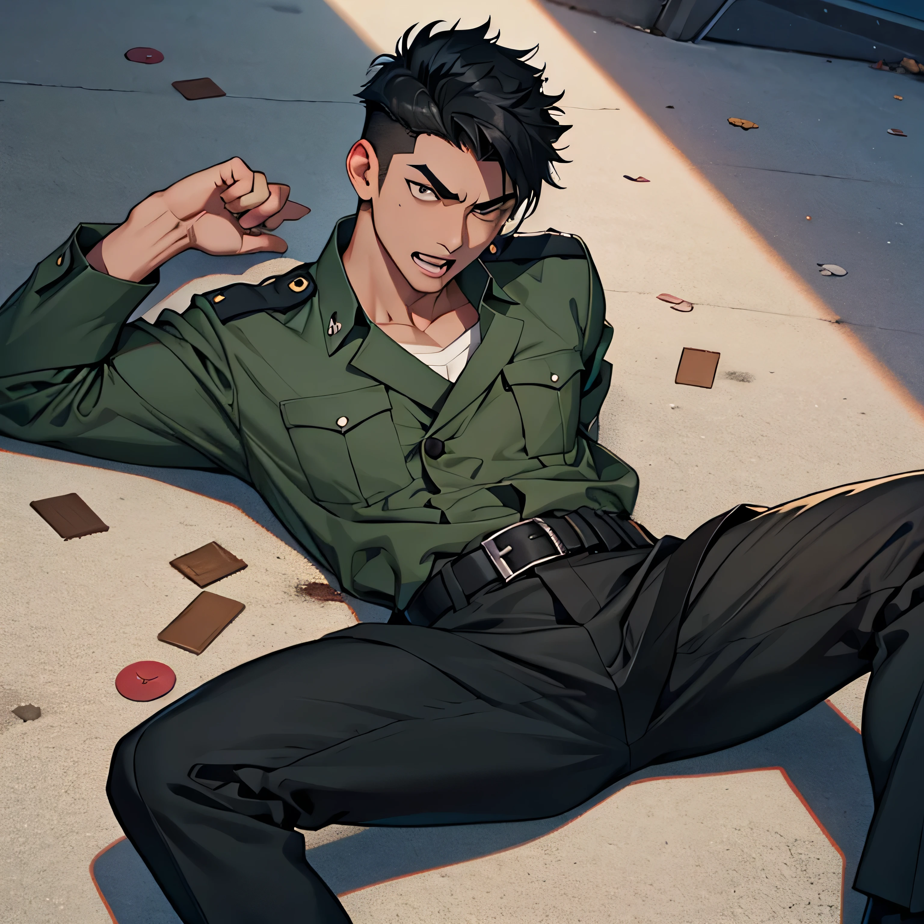 Age 25,, Dark green military uniform、 black slim pants  , black belt、 lying on the ground 、Spread your legs wider,black belt,logic, Gay , black hair, short hair on the side of the uniform, thick eyebrows,The eye is a blind spot、 Lightly Set Your Hair with Wax 、Masculine,salaryman,Mob characters,bad student、View from above　Open your mouth wide and scream　 painful face　 face up