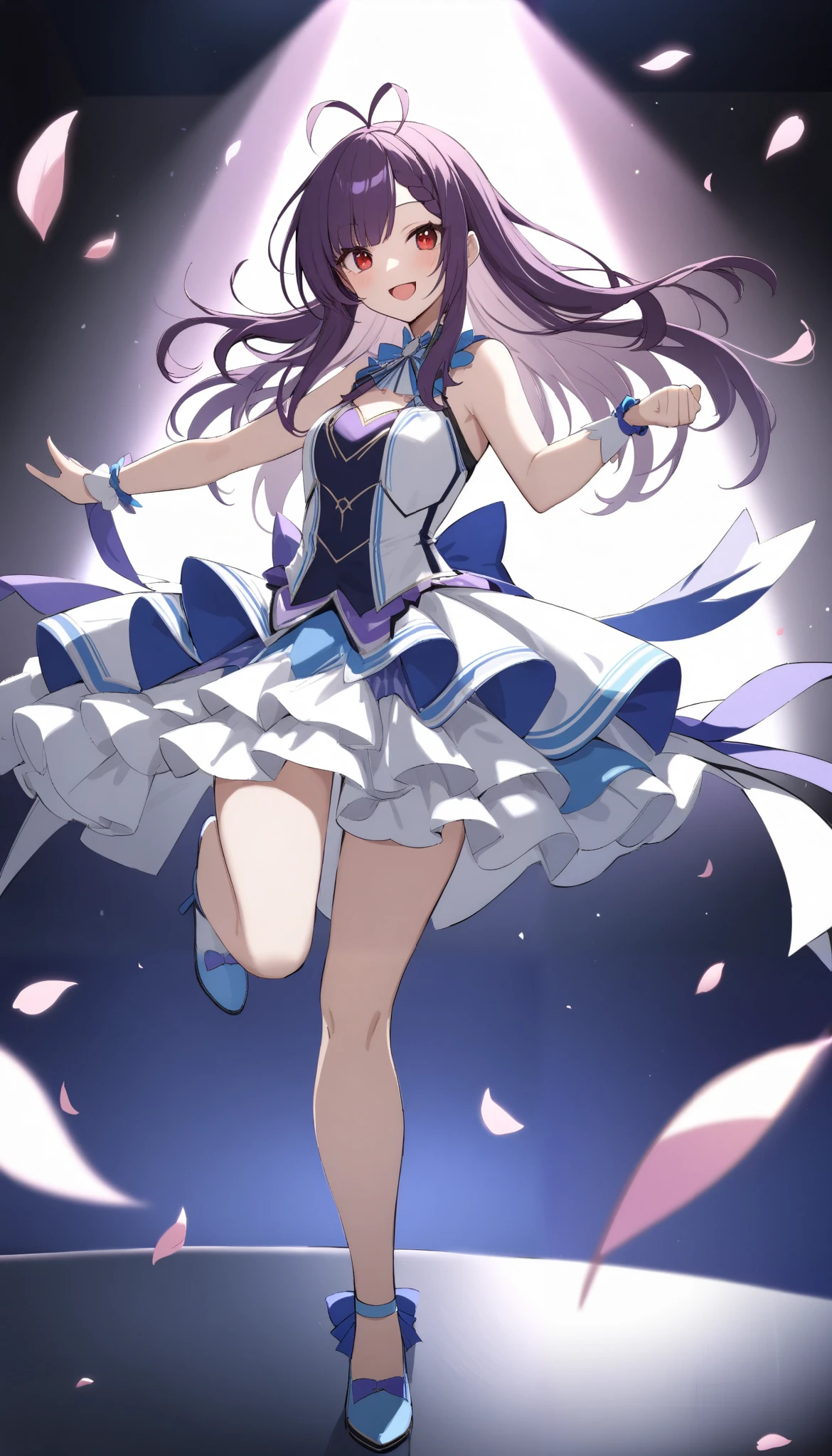 (Must work)、( best quality)、 very detailed、(( 1 girl))、 solo full body shot、 Viewers' Perspective 、dance、(smile)、 winks、Cheek、Eye Makeup、((Dark purple hair、antenna hair、asymmetrical bangs、 side tail、Red eyes:1.3))、gorgeous blue idol costume、Solo Idol、 tiara 、Cute shoes with high heels 、Concert Dome、Live、dynamic pose、 smiling with their mouths wide open、Laser Light、 Spotlight、Tons of petals dancing 、Sparkling effects