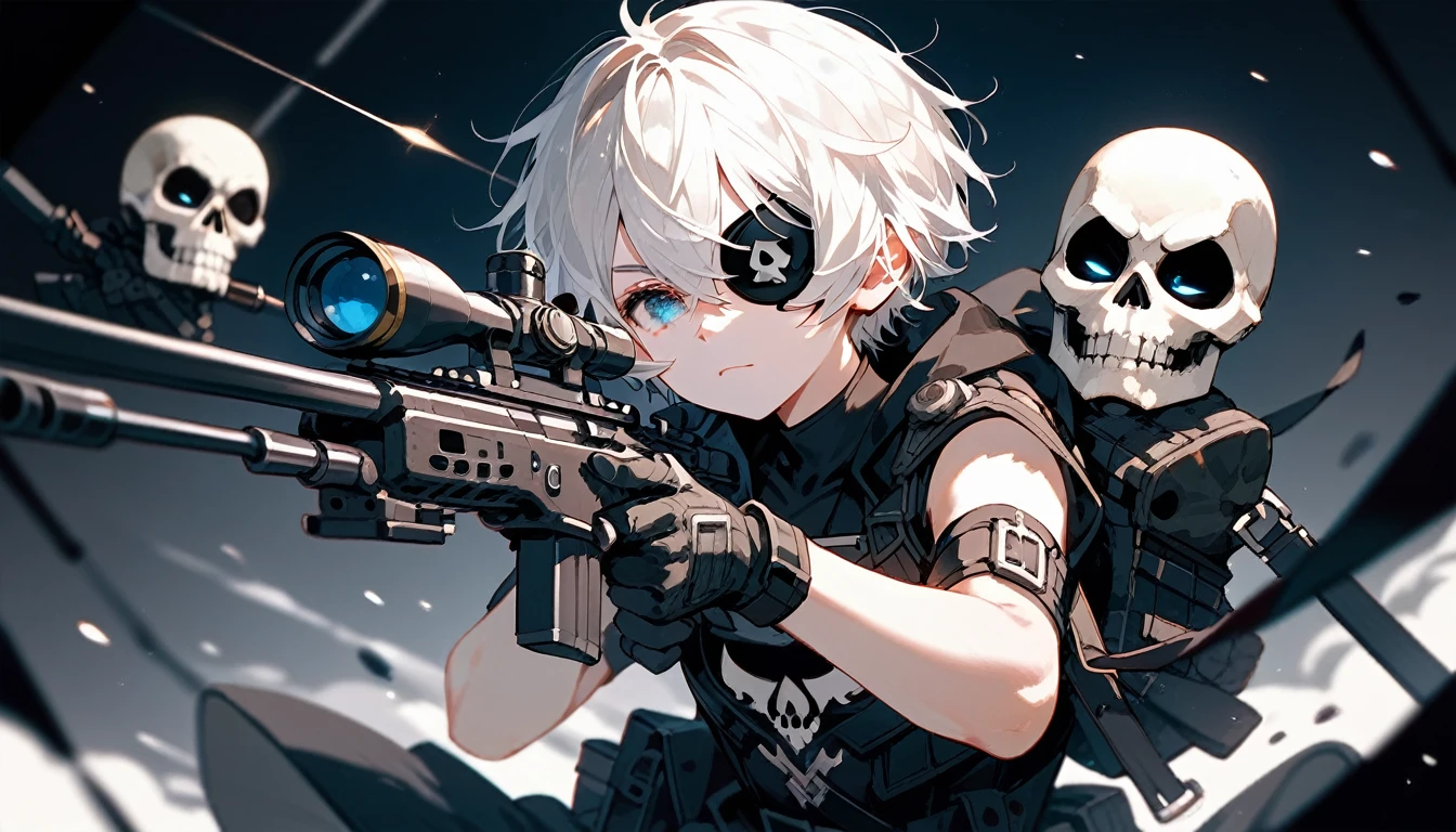  ,White hair,Short hair, eyes patch, in blue eyes, Medium Chest,Dark circles under the eyes,cute,Wearing black gloves ,Sleeveless shirt, holding a black sniper,White skull on the shoulder, black shorts, sniper ,shoot