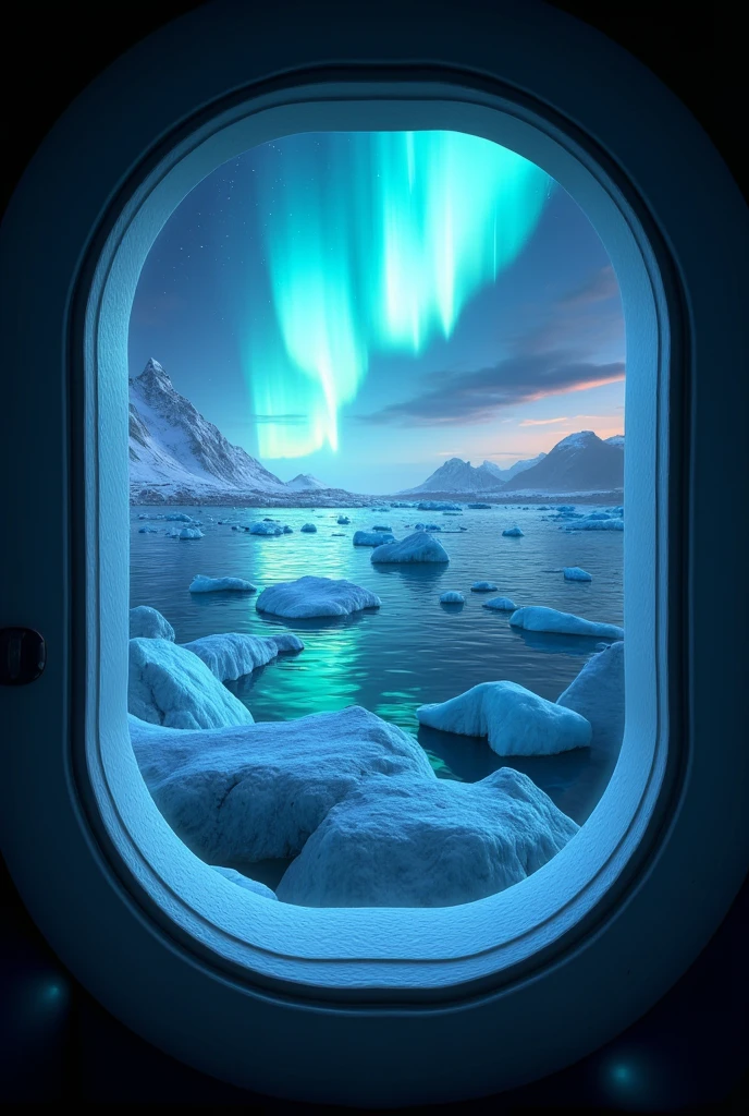 masterpiece, view from port hole window,auroras are vaguely projected in the night sky（ moving illustration ）,Glaciers flow through the vast ocean, best quality,  high definition model ,  widescreen ,  first-person view,  motion blur, 8k,  digital art, 