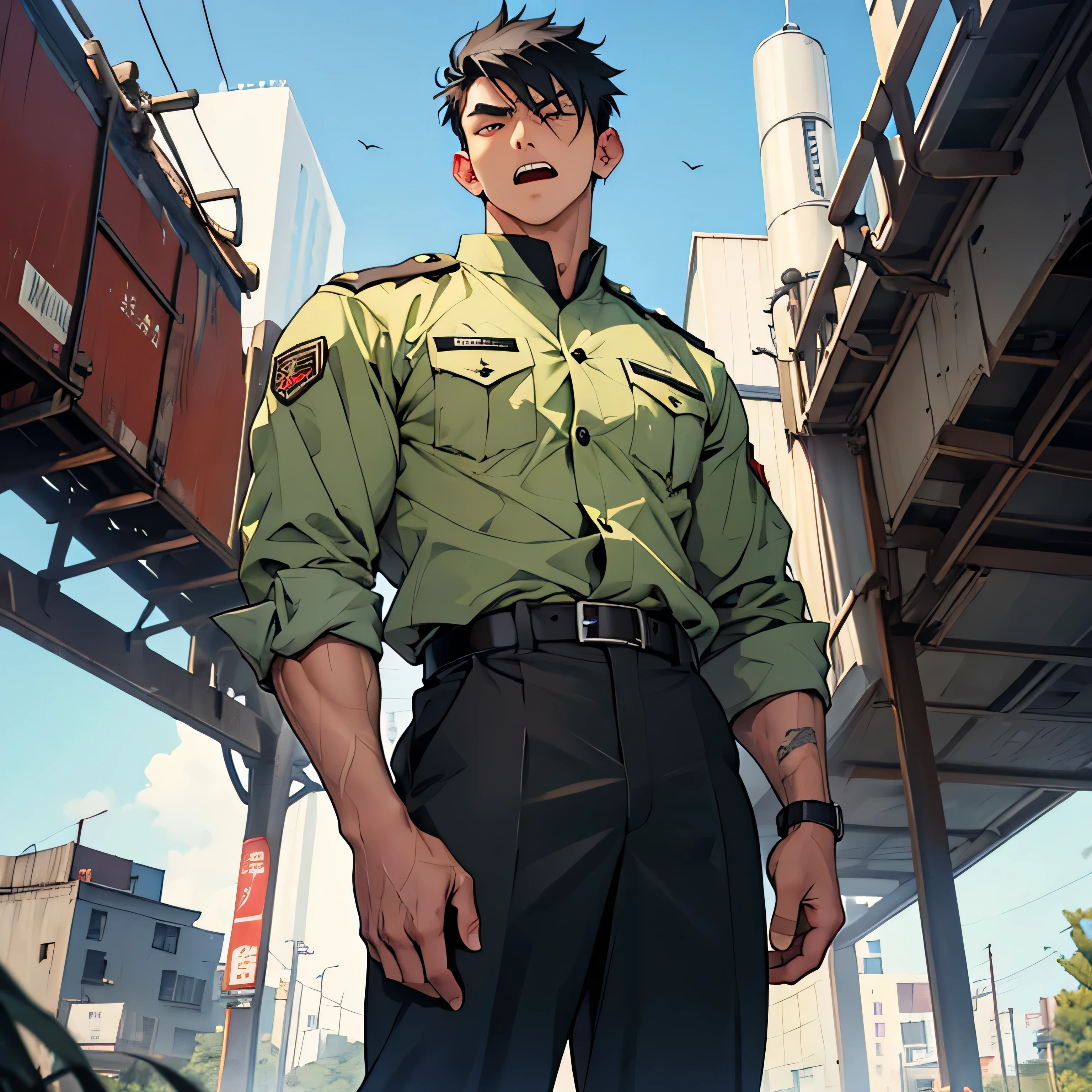 Age 25,, Dark green military uniform、 black slim pants  , black belt、cool battle pose、Spread your legs wider,black belt,logic, Gay , black hair, short hair on the side of the uniform, thick eyebrows,The eye is a blind spot、 Lightly Set Your Hair with Wax 、Masculine,salaryman,Mob characters,bad student、View from below　Open your mouth wide and scream　 painful face　 face up